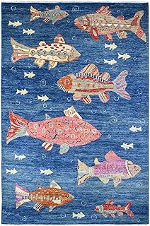 Blue Afghan Peshawar Oceanic Colorful Fish Design Pure Shiny Wool Hand Knotted Rug (5'10"x8'10")
