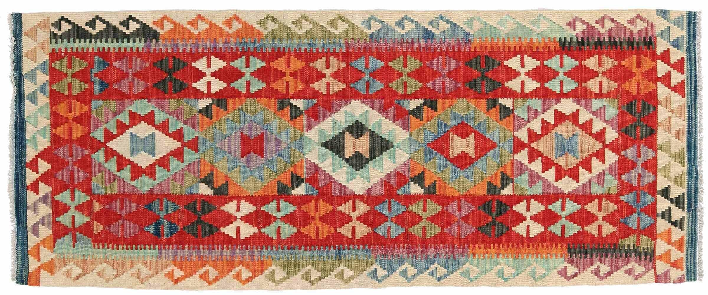 Tapis Kelim Maimana afghan | Grand tapis géométrique multicolore tissé main 70x190