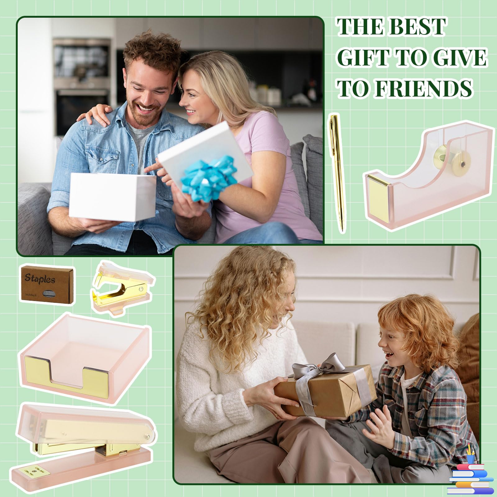 MultiBey Set di graffette adesive in acrilico rosa e oro, pinzatrice e dispenser di nastro adesivo con note adesive, 950 graffette e nastro, levapunti, forbici, penna a sfera, graffette, set per