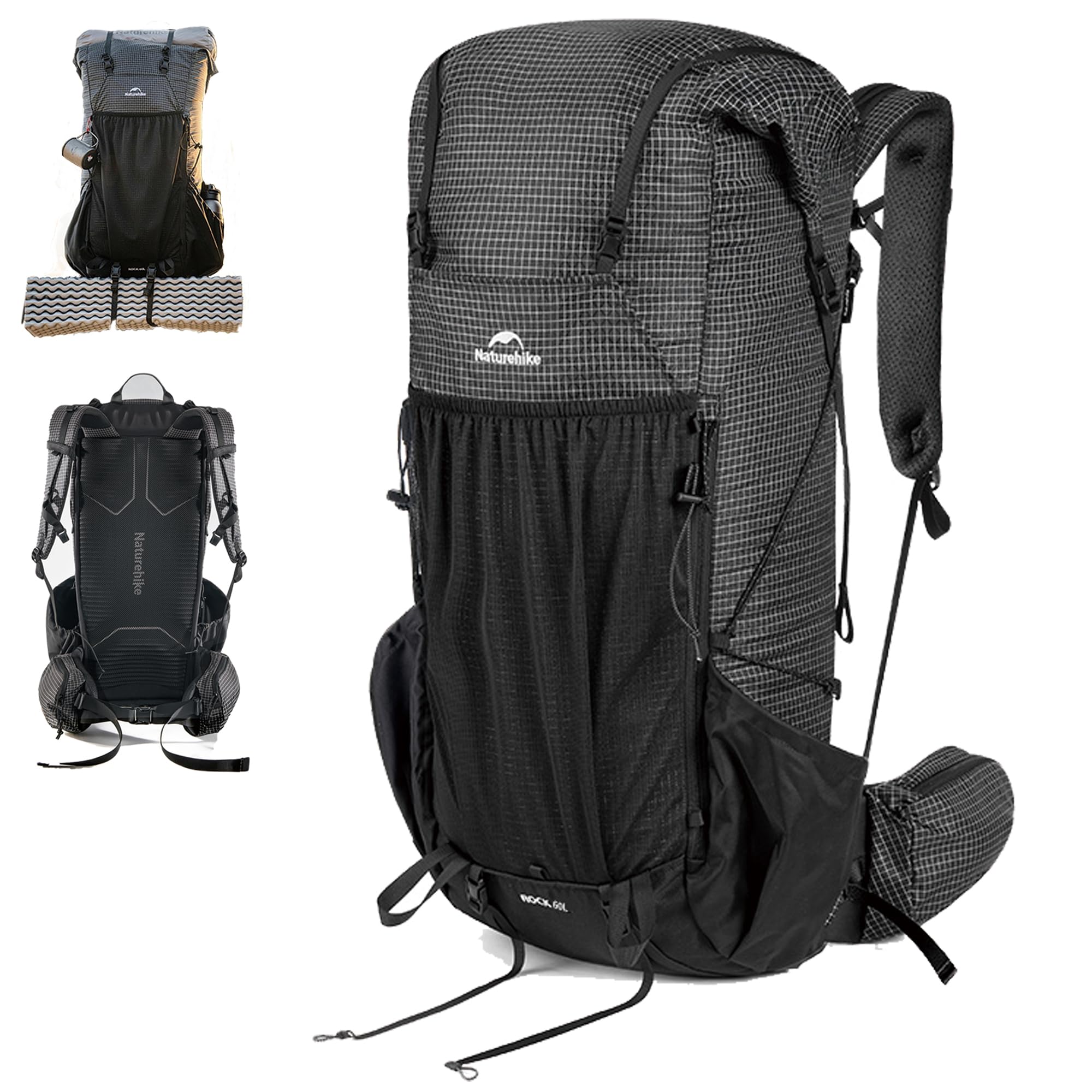 Naturehike Rock [2026 Upgrade] Hiking Camping Backpack,Lightweight Breathable Trekking Pack with Rain Cover, Durable Ripstop for Camping Mountaineering Hiking Backpacking (black, 60L/M)