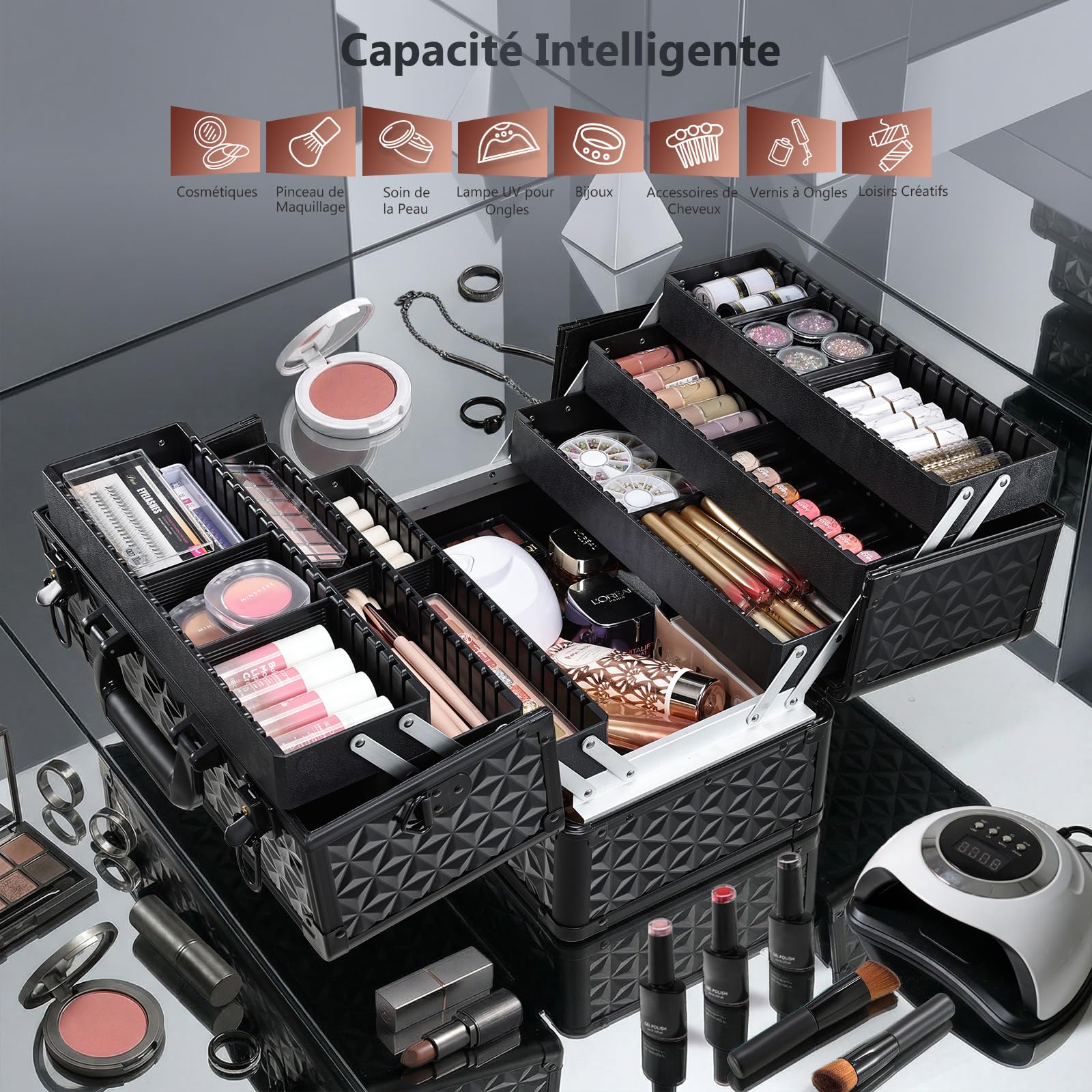 Joligrace Mallette de Maquillage Professionnelle Valise Maquillage Coffre de Rangement, Diviseurs DIY, Bretelle & Clé, Noir Élégant - 2