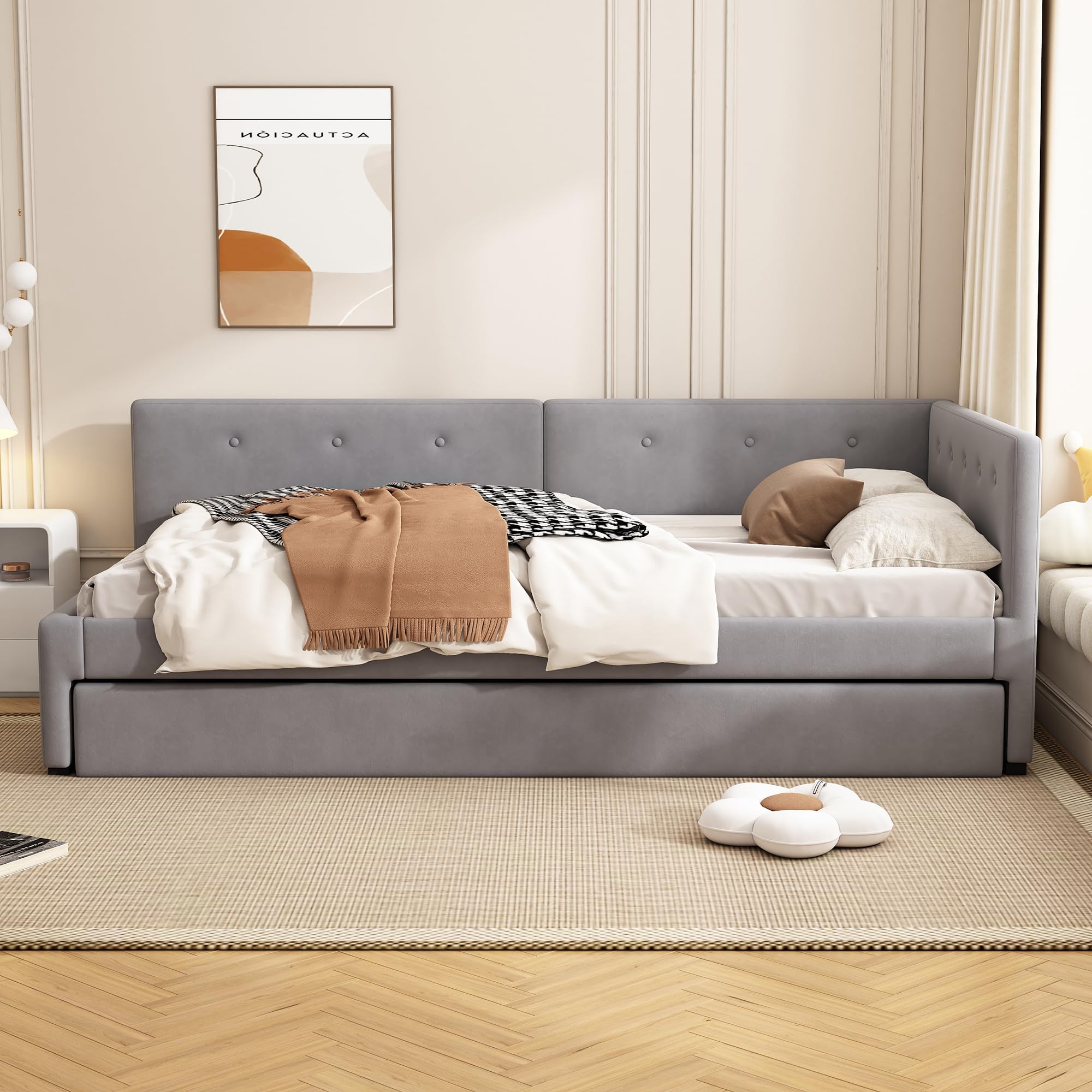 Daybett 90X200cm, Tagesbett mit Rollbett, Schlafsofa, Einzelbett (Ohne Matratze), Minimalistisches Styling (Grau)