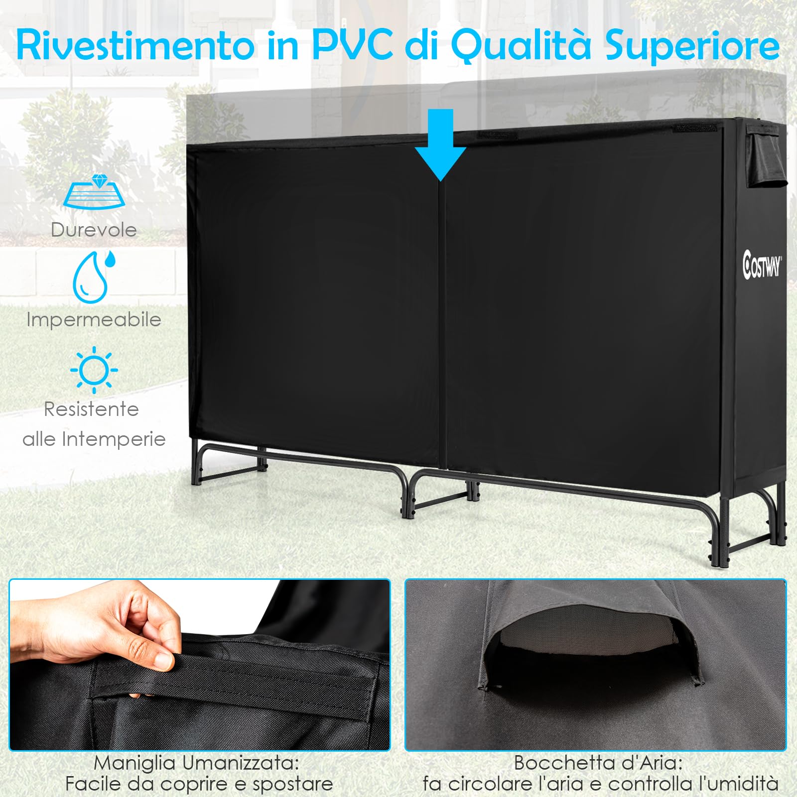 GYMAX Supporto per Legna da Ardere da 122,5CM/153CM/184CM/240CM, Portalegna per Camino, con Copertura in PVC Impermeabile, Base Sollevata, Struttura Metallica Robusta, per Interni ed Esterni (240cm)