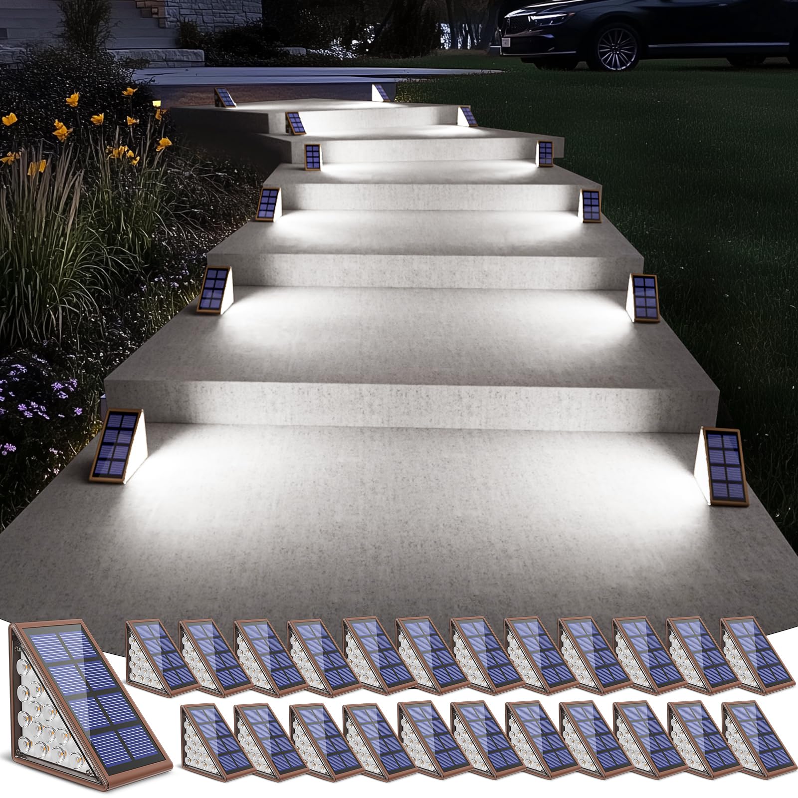 NIORSUN Solar Stair Lights,Cool White Outdoor Step Lights IP67 Waterproof Auto On Off, Outdoor Stair Lights for Steps,Stair,Patio,Yard,Porch,Front Door,Sidewalk,Deck Decor（Brown, 24 Pack）