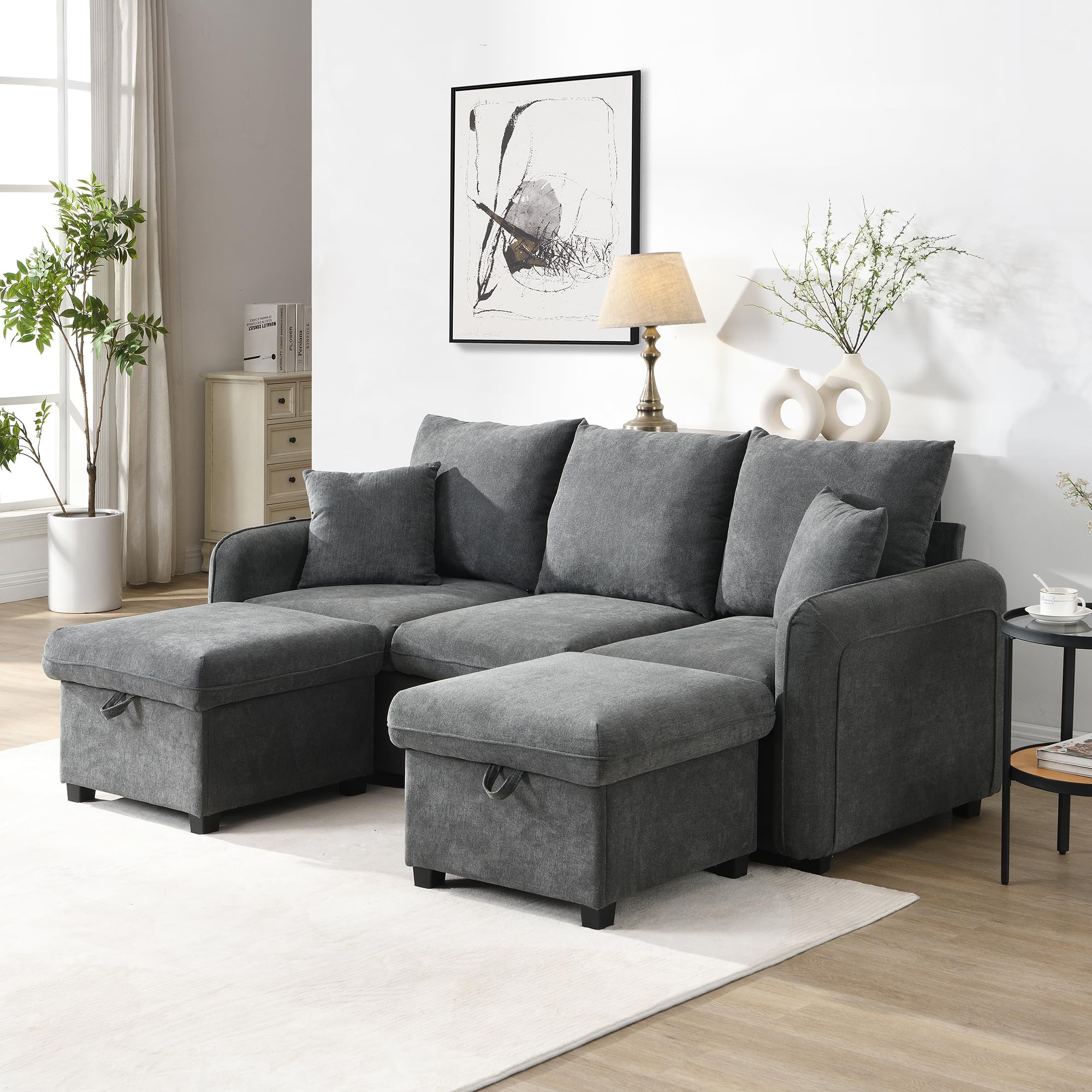 Sofa tapicerowana z miejscem do przechowywania – łącznie z szufladami + taboretem ze schowkiem, modułowo rozkładana sofa narożna, materiał sztruksowy (ciemny szary)