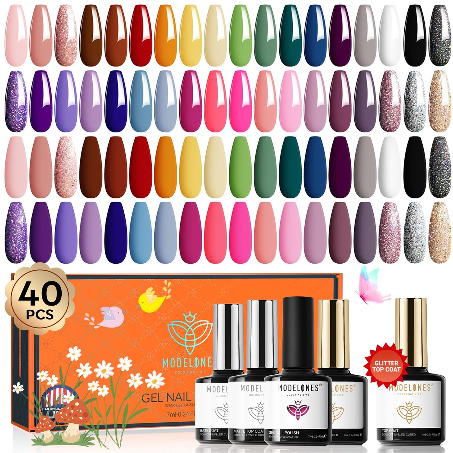 Modelones Zestaw Lakierów do Paznokci UV 40 PCS, 36 Kolorów Czerwony Brokat Różowy Biały Czarny Lakier żelowy, Soak Off, Lakier żelowy do Paznokci Nail Studio Desig Base Top Coat Nail Art