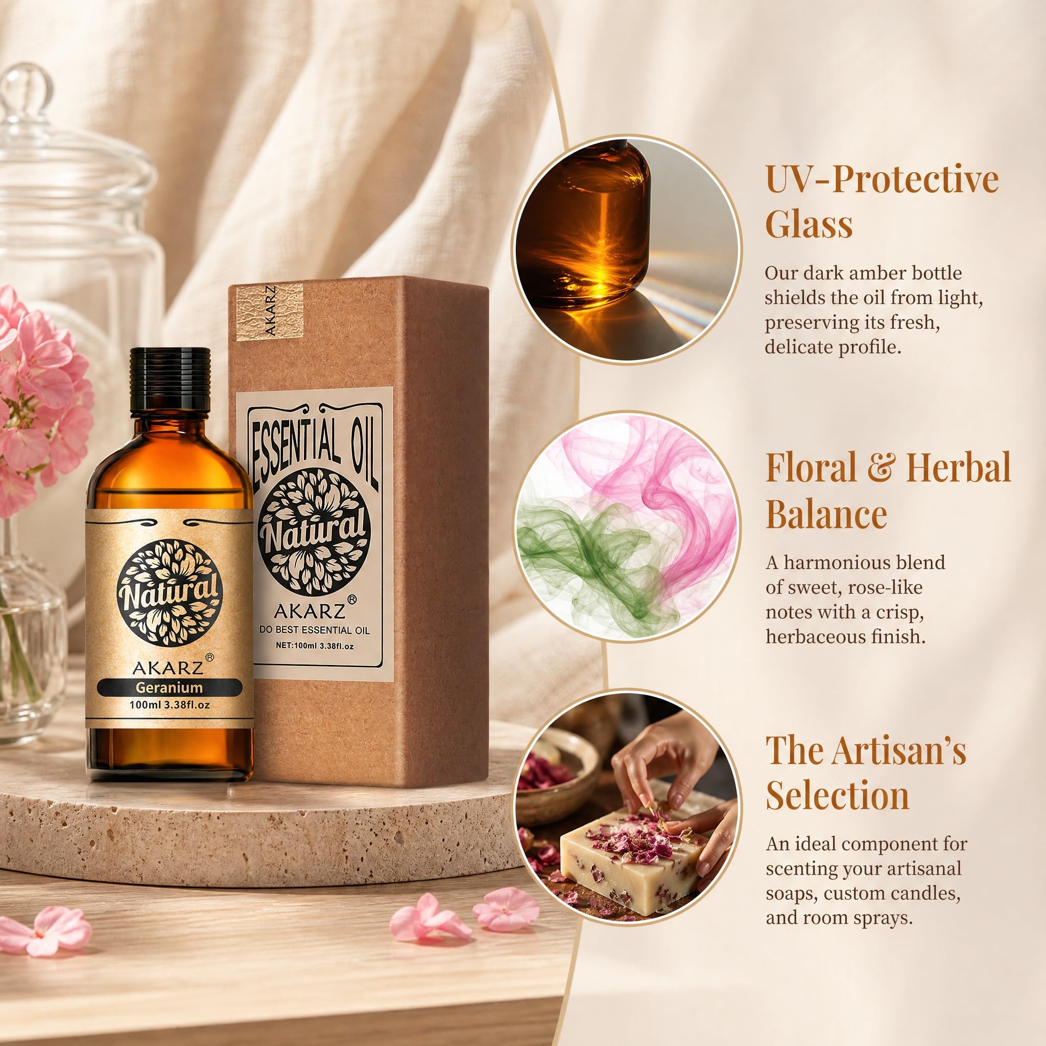 AKARZ 100ml Olejek esencjny z Geranium - Naturalny olejek aromatyczny do dyfuzorów, lamp aromatycznych i aromatów pomieszczeń