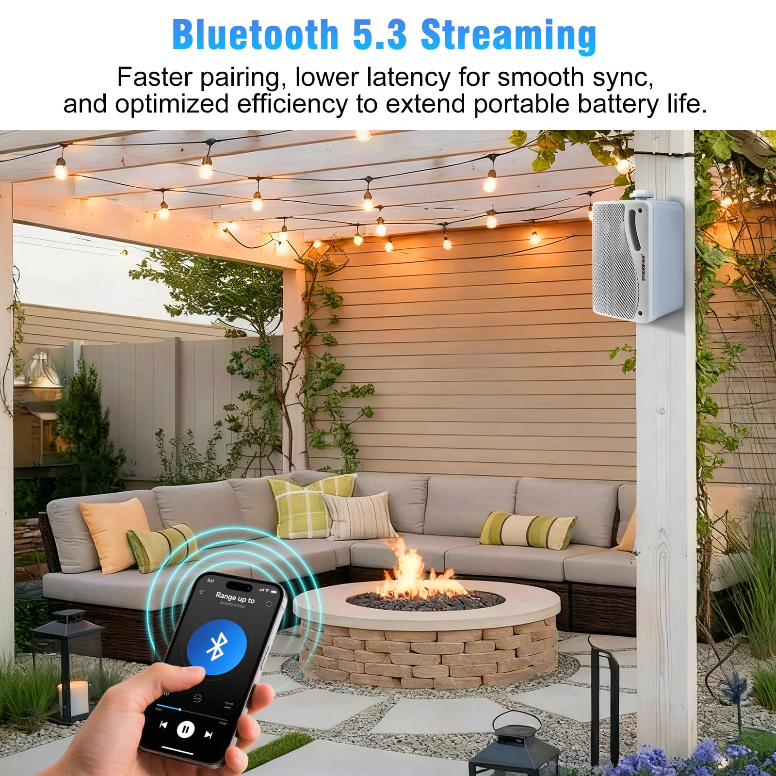STUDIOFINIX Lot de 2 paires d'enceintes Bluetooth filaires étanches de 8,9 cm - 400 W - Support mural de qualité supérieure - Système sonore puissant et durable pour terrasse, intérieur, garage (blanc
