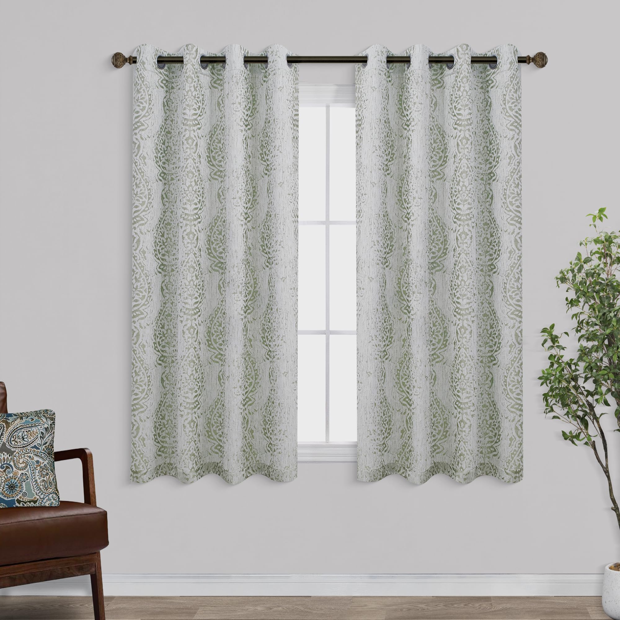 Mrs.Naturall Sage 52x45 Inches Long Damask Pattern Curtains for Living Room