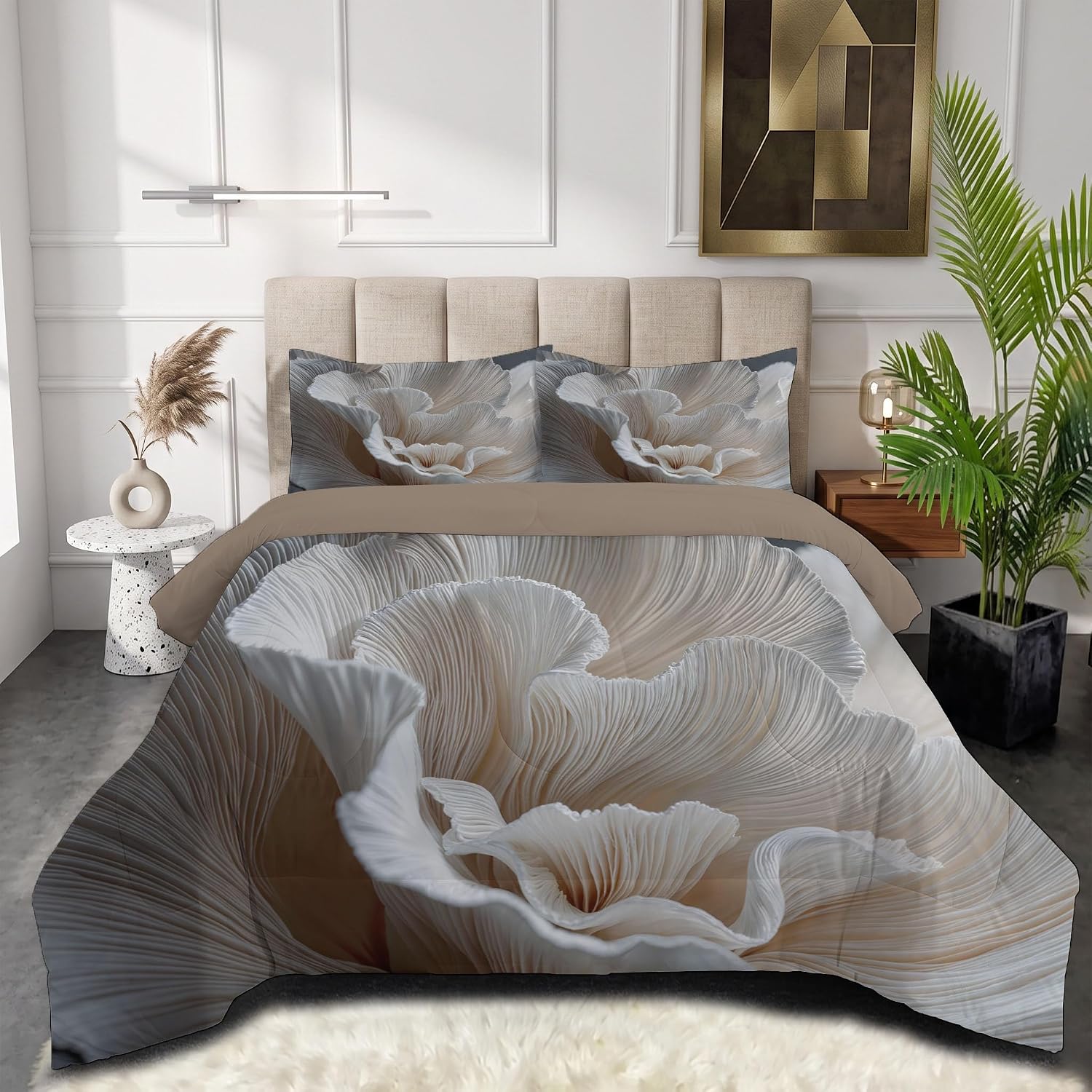 3D Elegance Comforter Set Queen Size, Relief Flowers Print Breathable Bedding Set for Girls Boys Teens, White Quilt Duvet with 2 Pillow Cases
