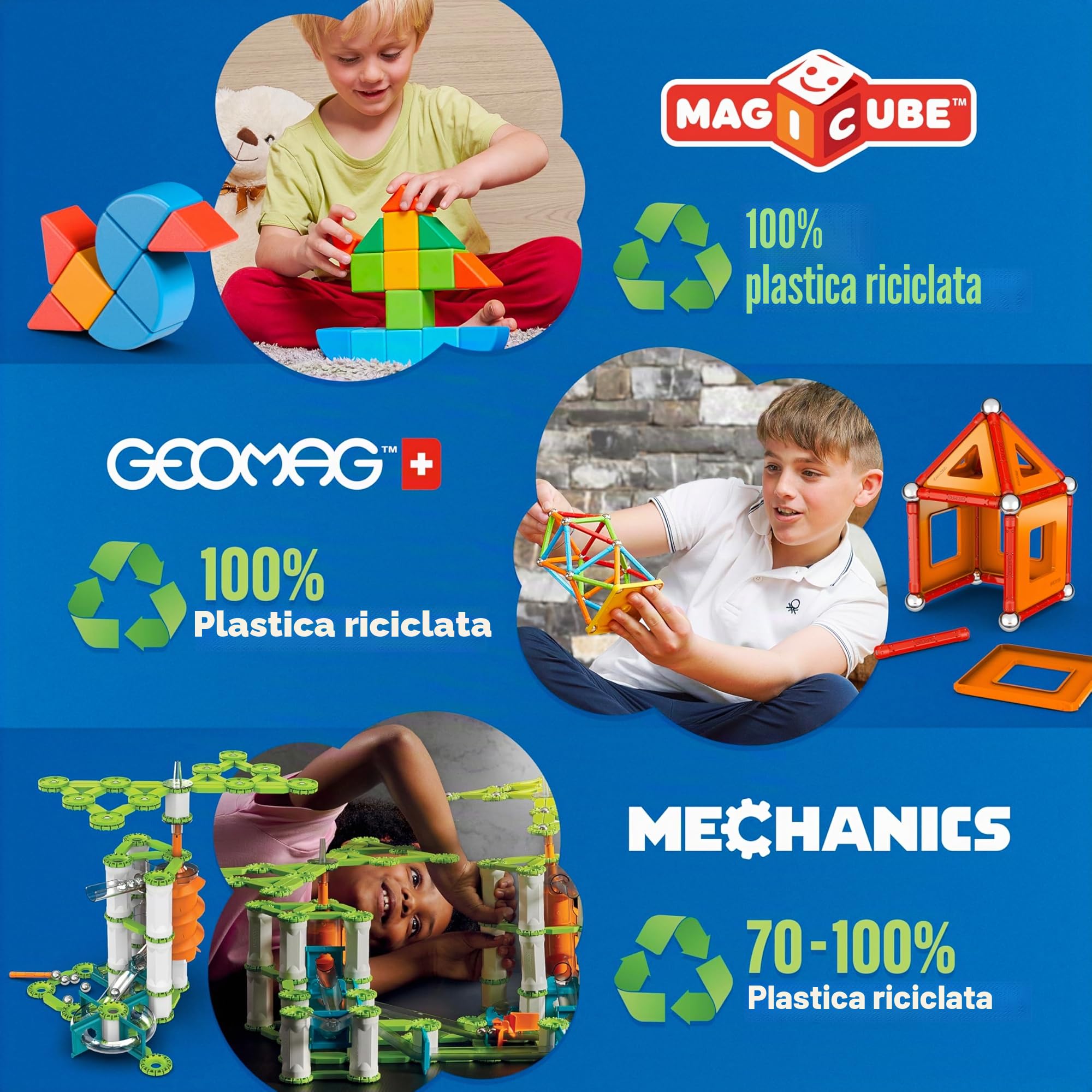 Geomag, Glow Recycled, Costruzioni Magnetiche Effetto Glow, Barrette Magnetiche che si Illuminano al Buio, Confezione da 142 Pezzi, Plastica 100% Riciclata