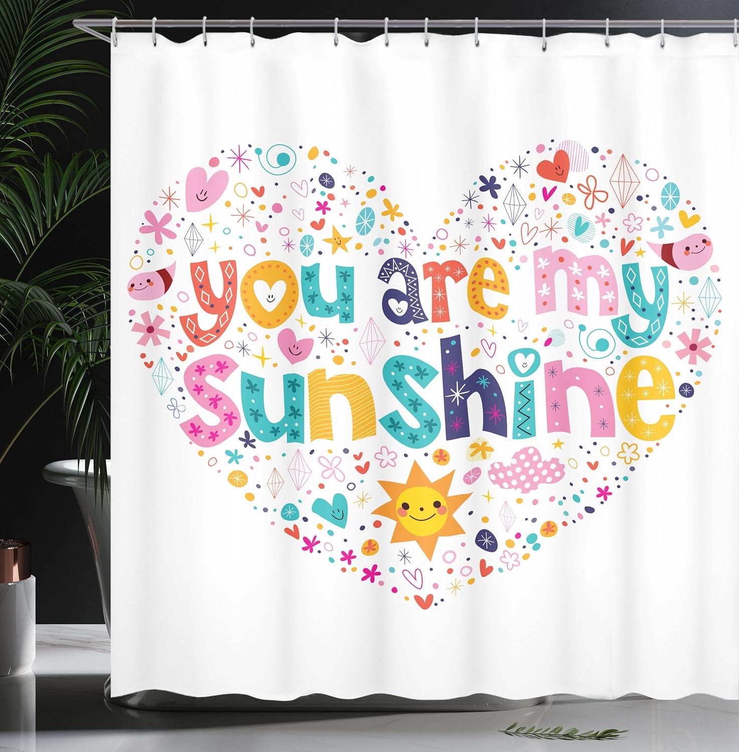 Ambesonne Saying Shower Curtain, Heart Shaped Sunshine Words Stars Circle Sun Cloud Design Composition Print, Cloth Fabric Bathroom Decor Set with Hooks, 69" W x 75" L, Multicolor White