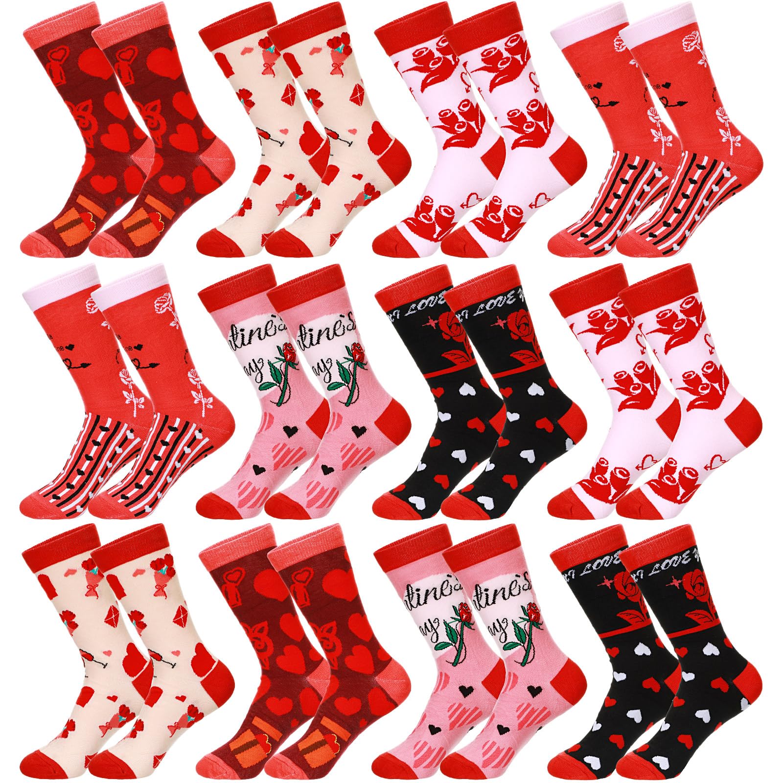 Floraltop12 Pair Valentine's Day Socks for Women, Heart Love Bear Lip Cupid Rose Gift Patterned Socks for Mom Friends Sister (Rose)