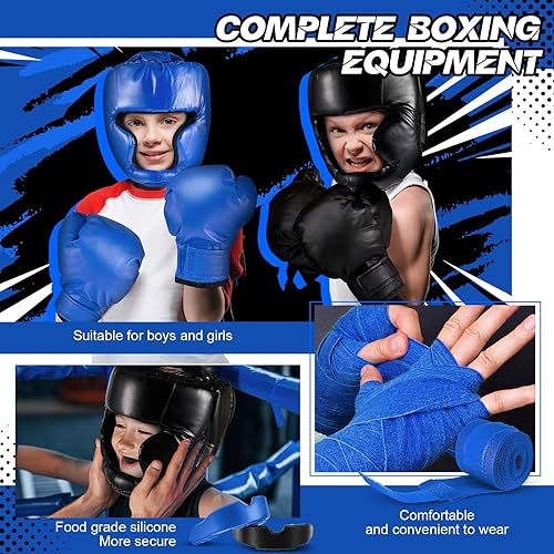 Miniatura 4 de Kanayu Juego de 12 piezas de equipo de boxeo para niños, incluye casco de boxeo y guantes de mano, protectores bucales deportivos, equipo de