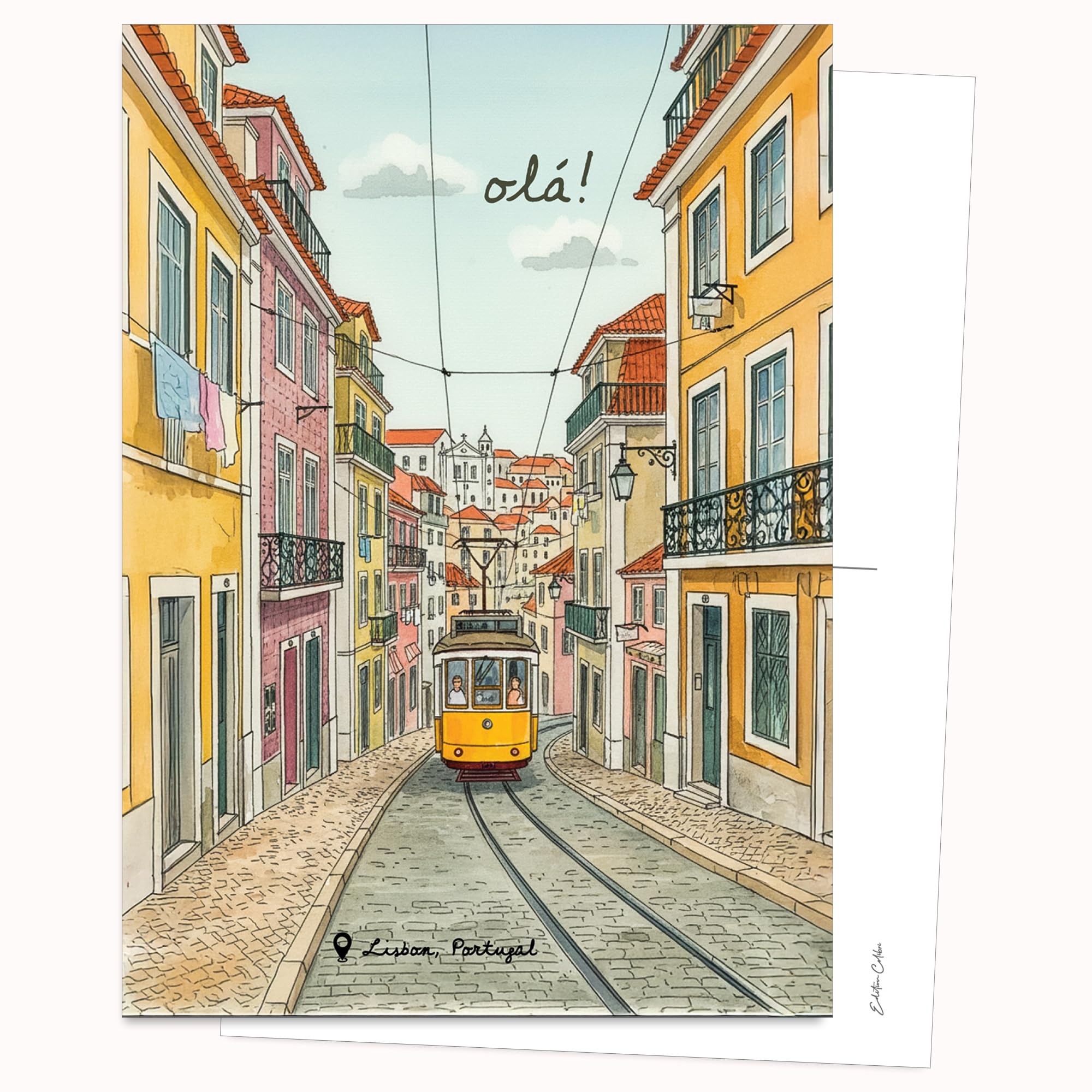 Edition Colibri Postcard - Illustration Tram Lisbon | Set of 10 Flat Cards (A6) - Back for Writing on