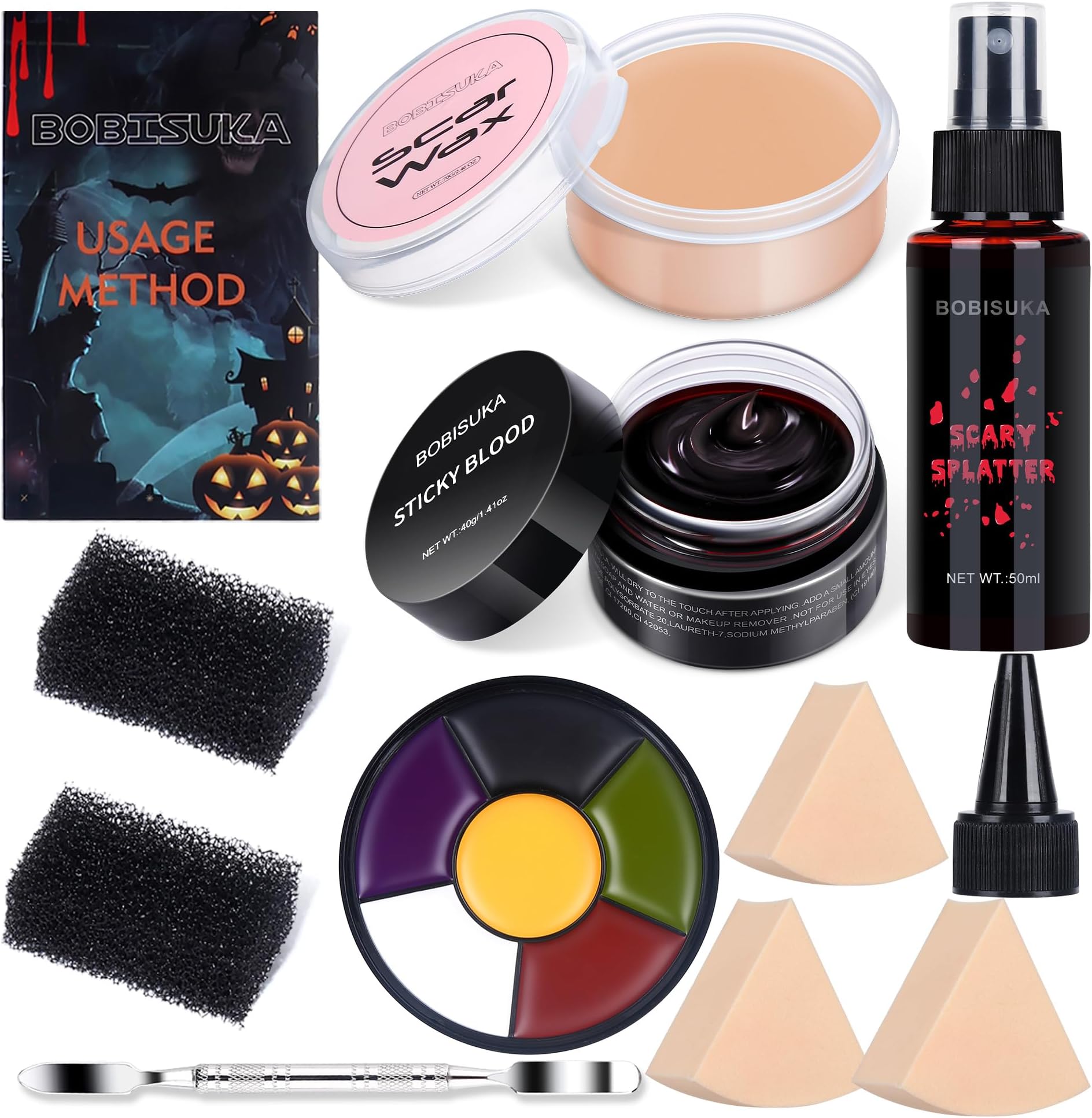 BOBISUKA Special Effects SFX Halloween Makeup Kit - 5 Colors Bruise Makeup Face Body Painting Palette + Scar Wax with Spatula Tool + Fake Blood Splatter Spray + Fake Blood Cream + Stipple Sponges