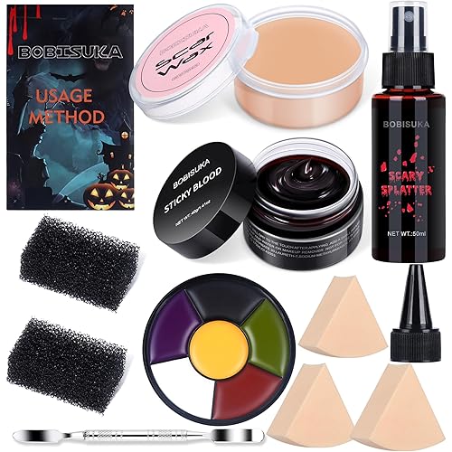 BOBISUKA Demonic Special Effects SFX Halloween Makeup Kit - 5 Colors Bruise Makeup Face Body Painting Palette + Scar Wax with Spatula Tool + Fake Blood Splatter Spray + Fake Blood Cream +Stipple Spong