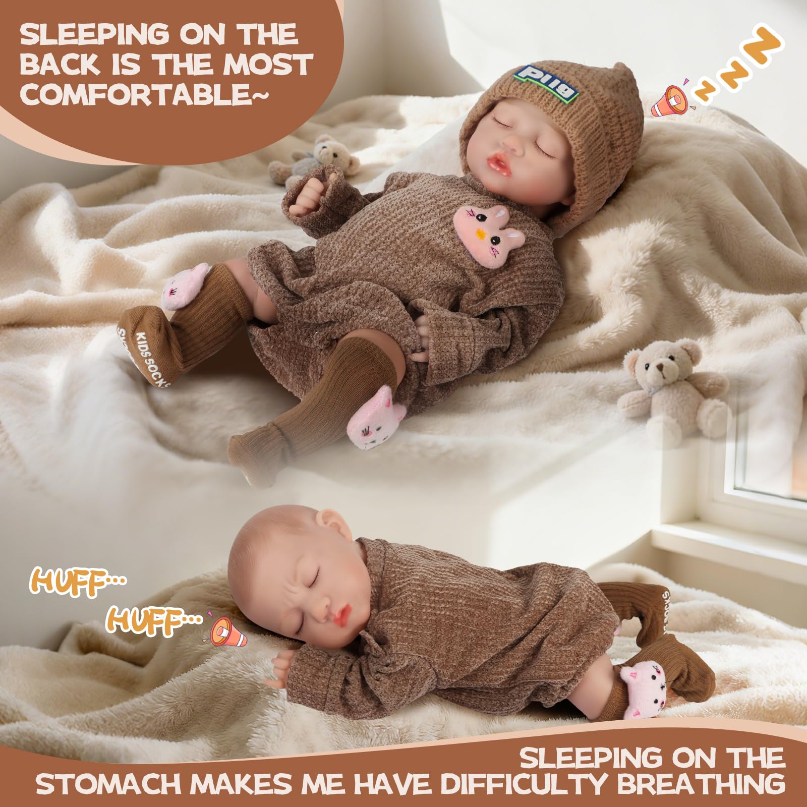 JONRRYIN Bambole Reborn con Sensore di Gravità, 43cm Bambole Reborn Interattive per Bambine, che Respirano, Piangono e Ridono, Ideali dai 3 Anni in su (Marrone)