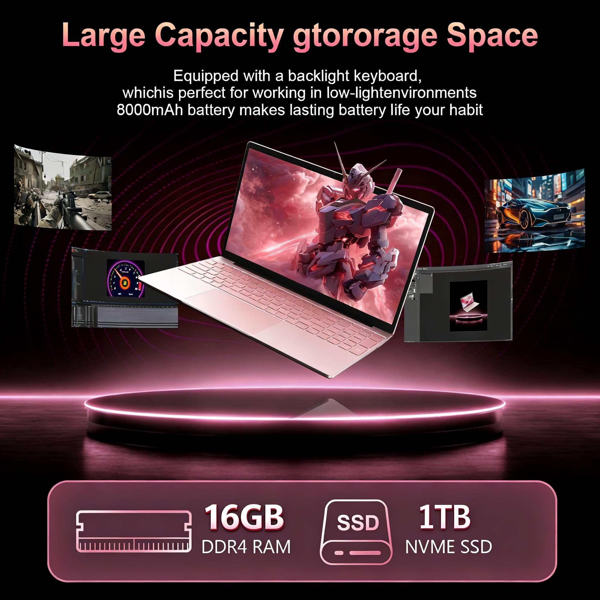CYCLUS 15,6 Zoll Laptop für Studenten, Haushalt & Gelegenheitsspiele – N95 Prozessor (4C/4T bis 3,4 GHz), 16GB RAM, 1TB SSD, UHD Grafik + QWERTZ-Tastaturabdeckung inklusive - Rosa