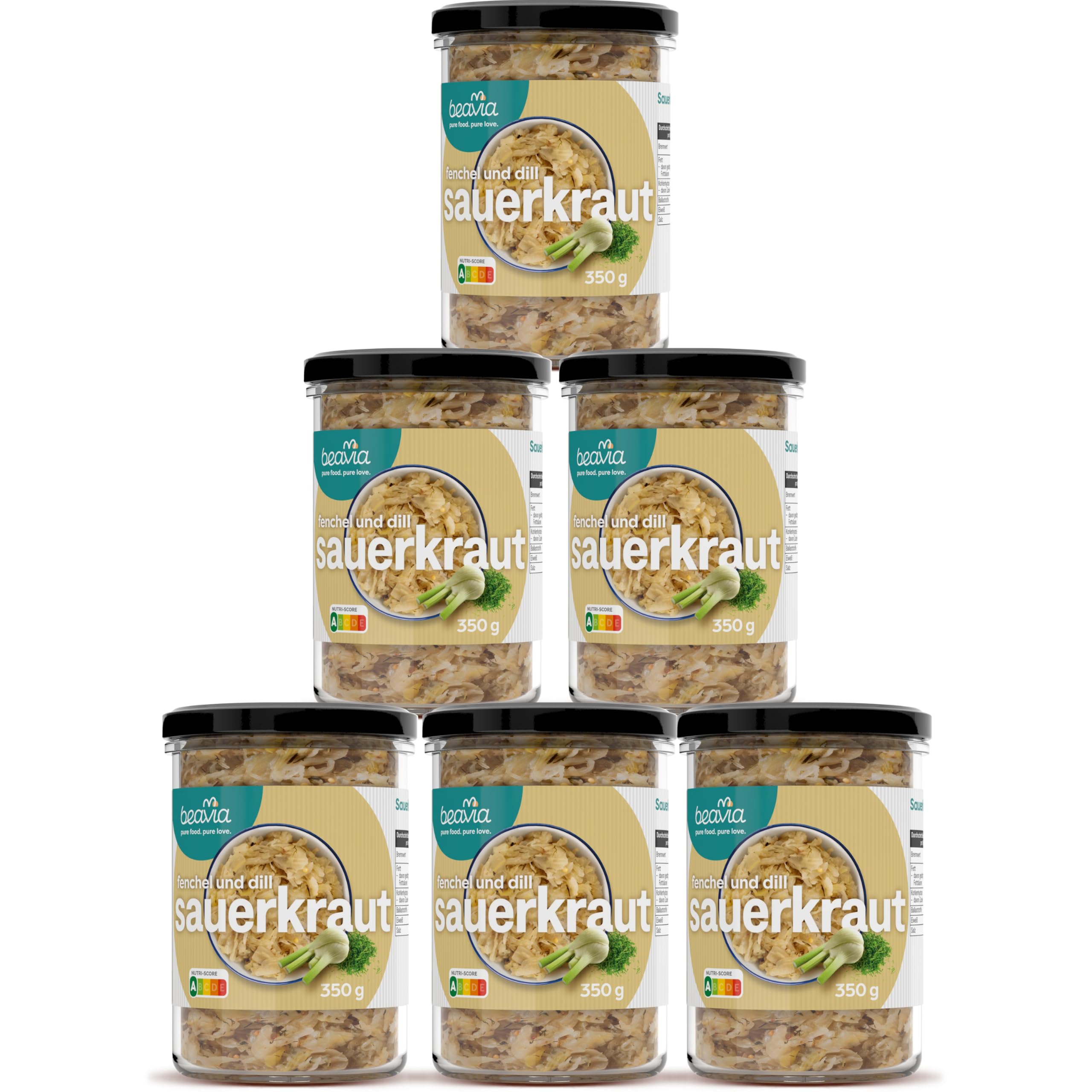 Beavia Fermentiertes Sauerkraut mit Fenchel & Dill 6x350g Ungekühltes Weißkohl Gemüse im Glas Vegan