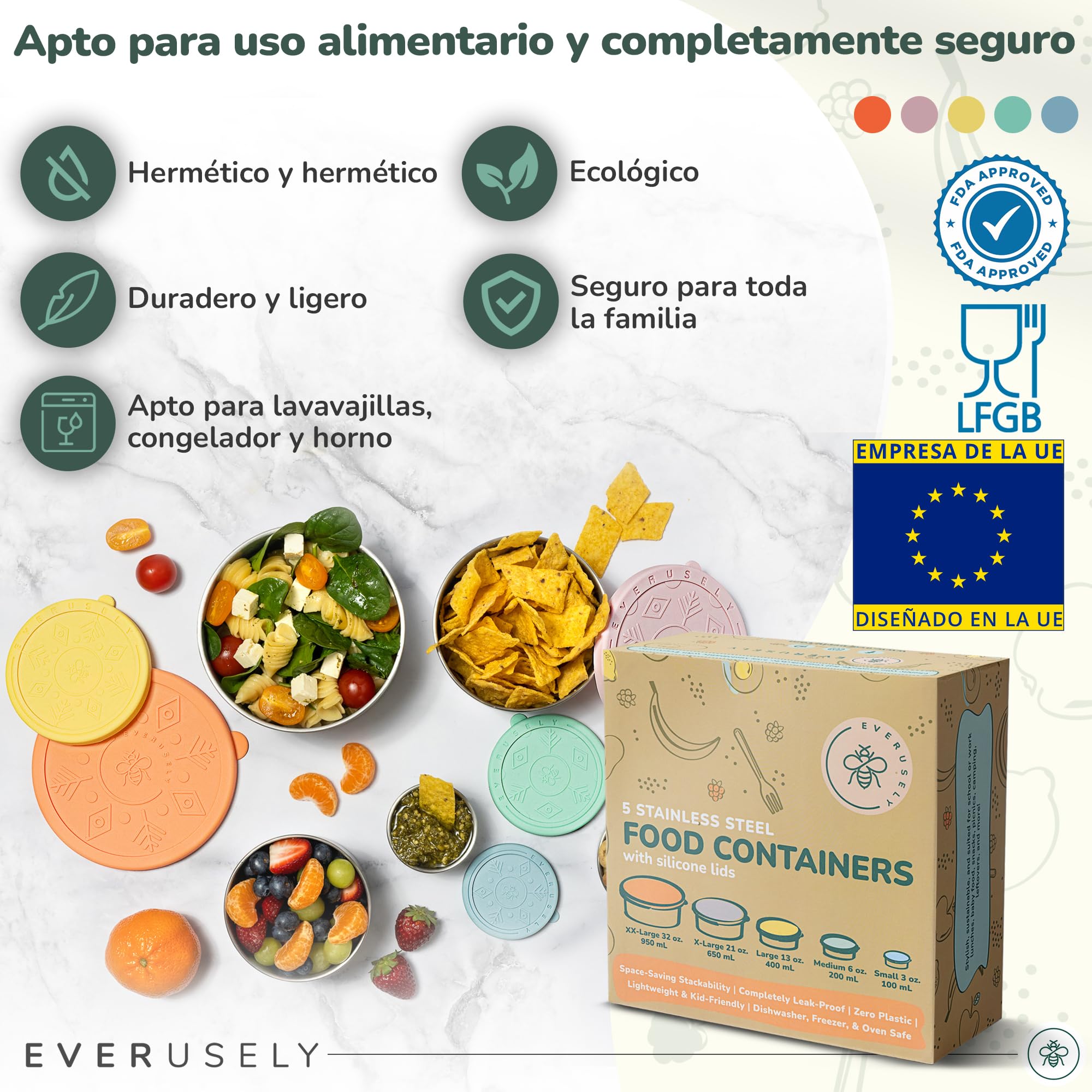 Everusely - Fiambrera de acero inoxidable con tapa hermética - Juego de 5, colección Bright - Fiambrera hermética - Recipientes apilables para la preparación de comidas