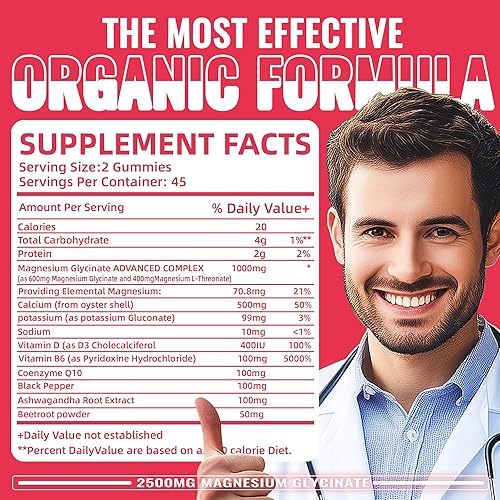 Miniatura 21 de Gomitas de glicinato de magnesio de 2500 mg – Suplemento de magnesio y potasio sin azúcar con vitamina D, B6, CoQ10 para un estado de ánimo