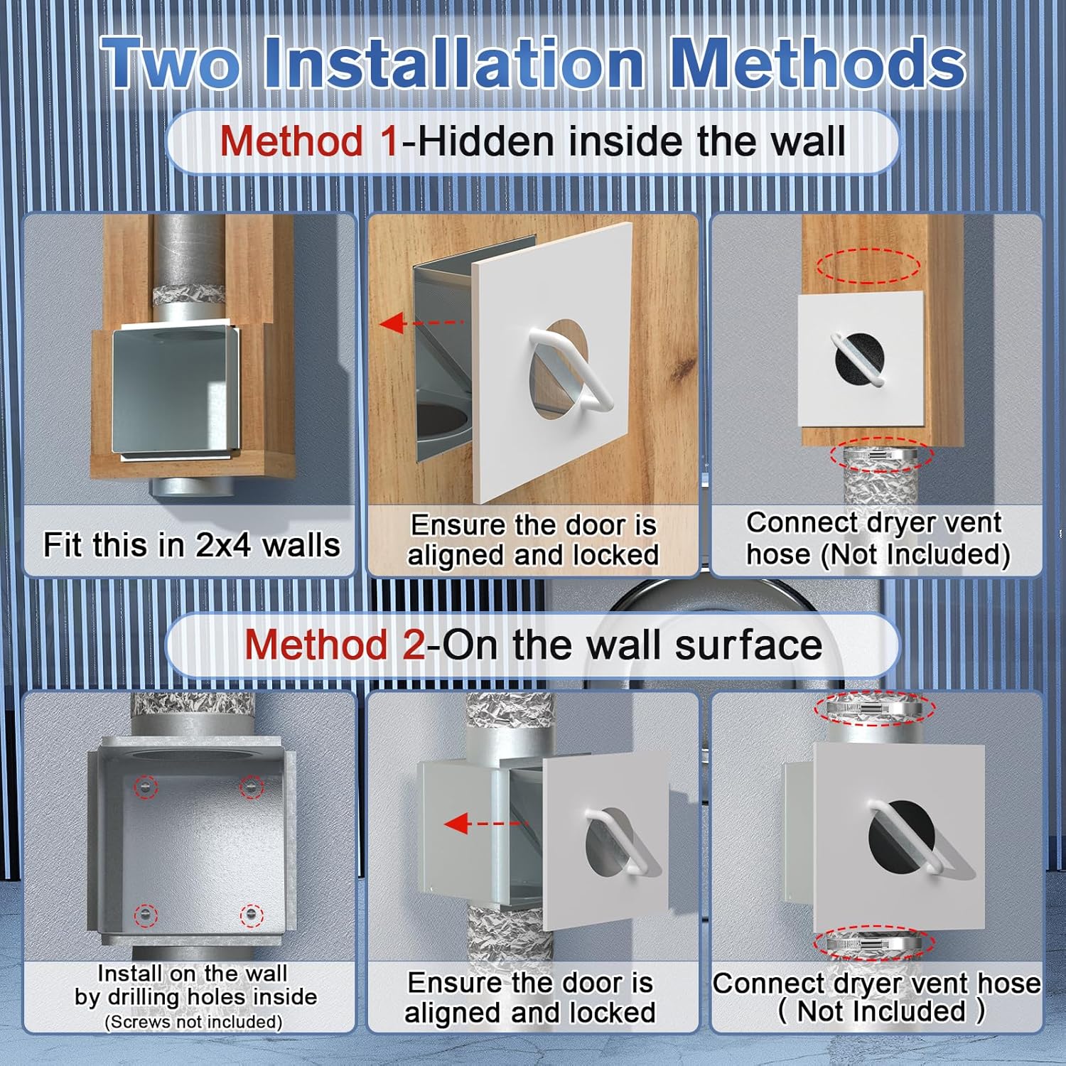 Diagram showing two installation methods for the dryer lint trap: hidden in wall and surface mount