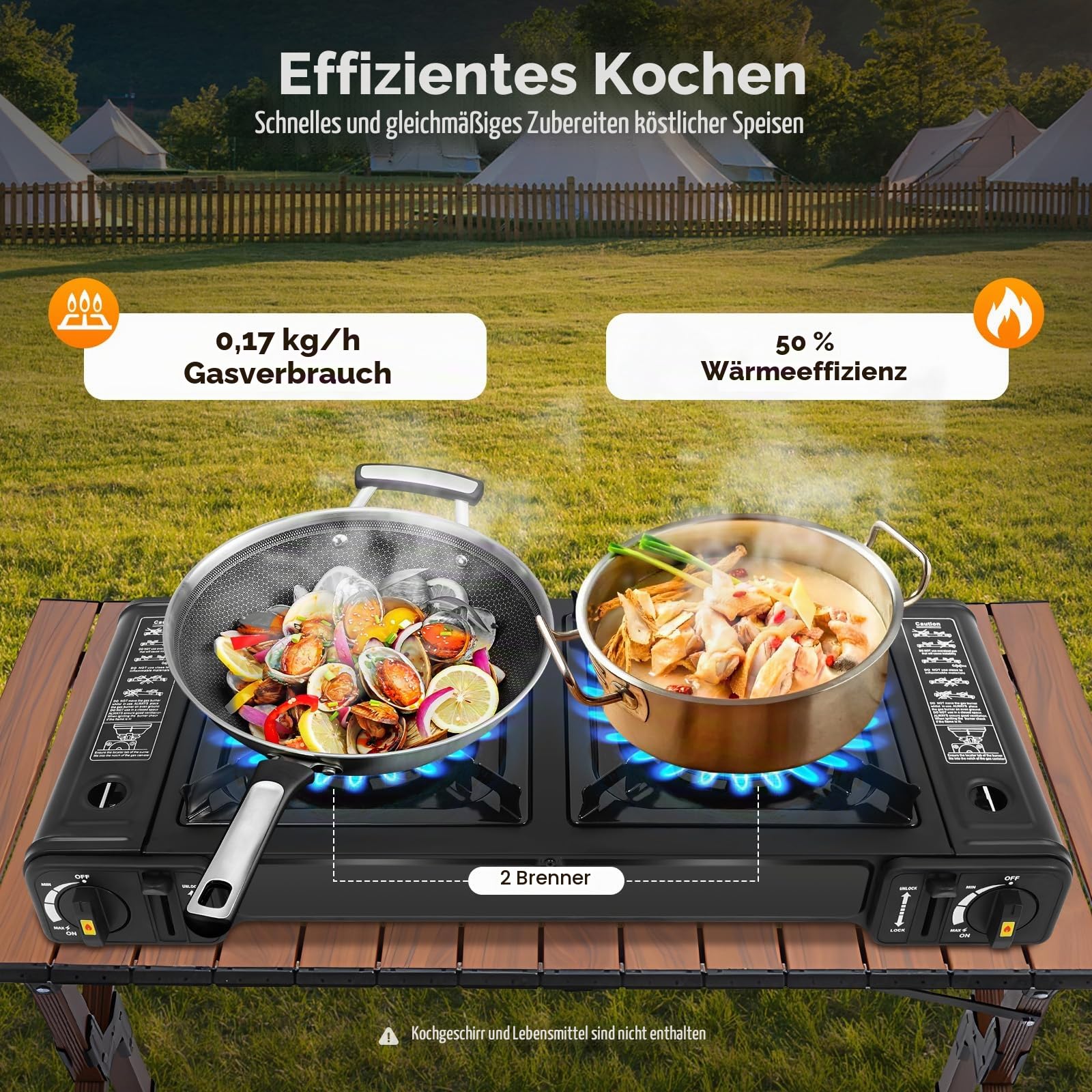 Gaskocher 2-flammig, Campingkocher mit Grillschale und Aufbewahrungskoffer, Portable Outdoor Gasstove für Grill Camper im Outdoor Camping, 64 * 27.8 * 8cm (Campingkocher)
