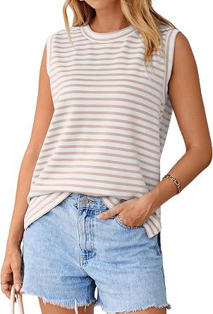 Glamaker Summer Tank Tops for Women Striped High Neck Sleeveless Basic Tee Shirts Casual Loose Fit 2026 Fahion Clothes