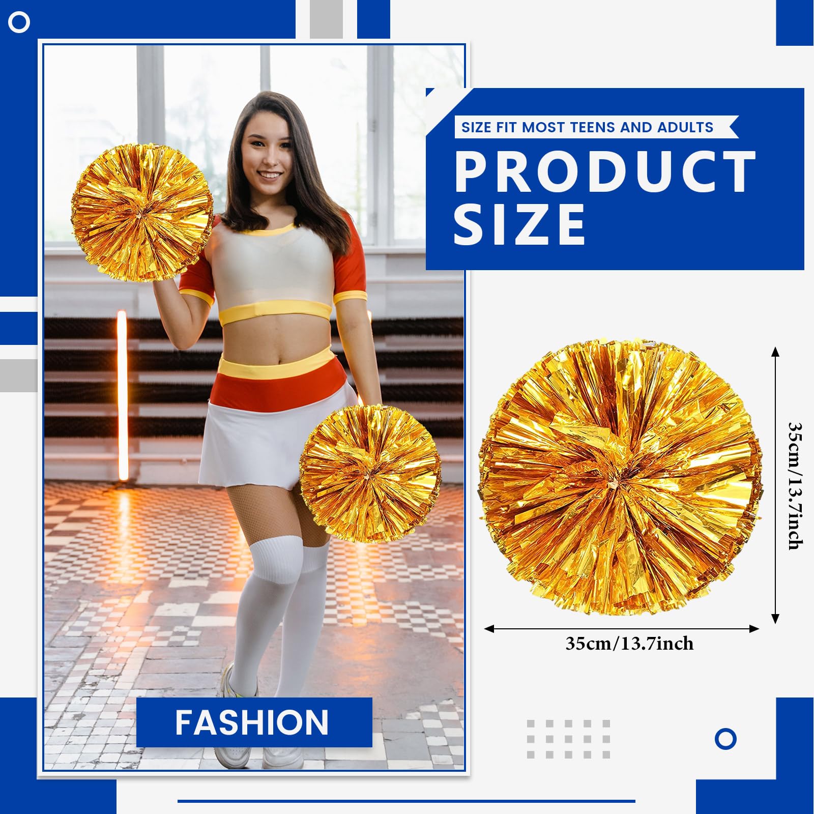 Lot de 20 pompons de pom-pom girl, 35cm, pour équipes sportives, entraînements de danse et fêtes, avec poignées. (Couleur or)