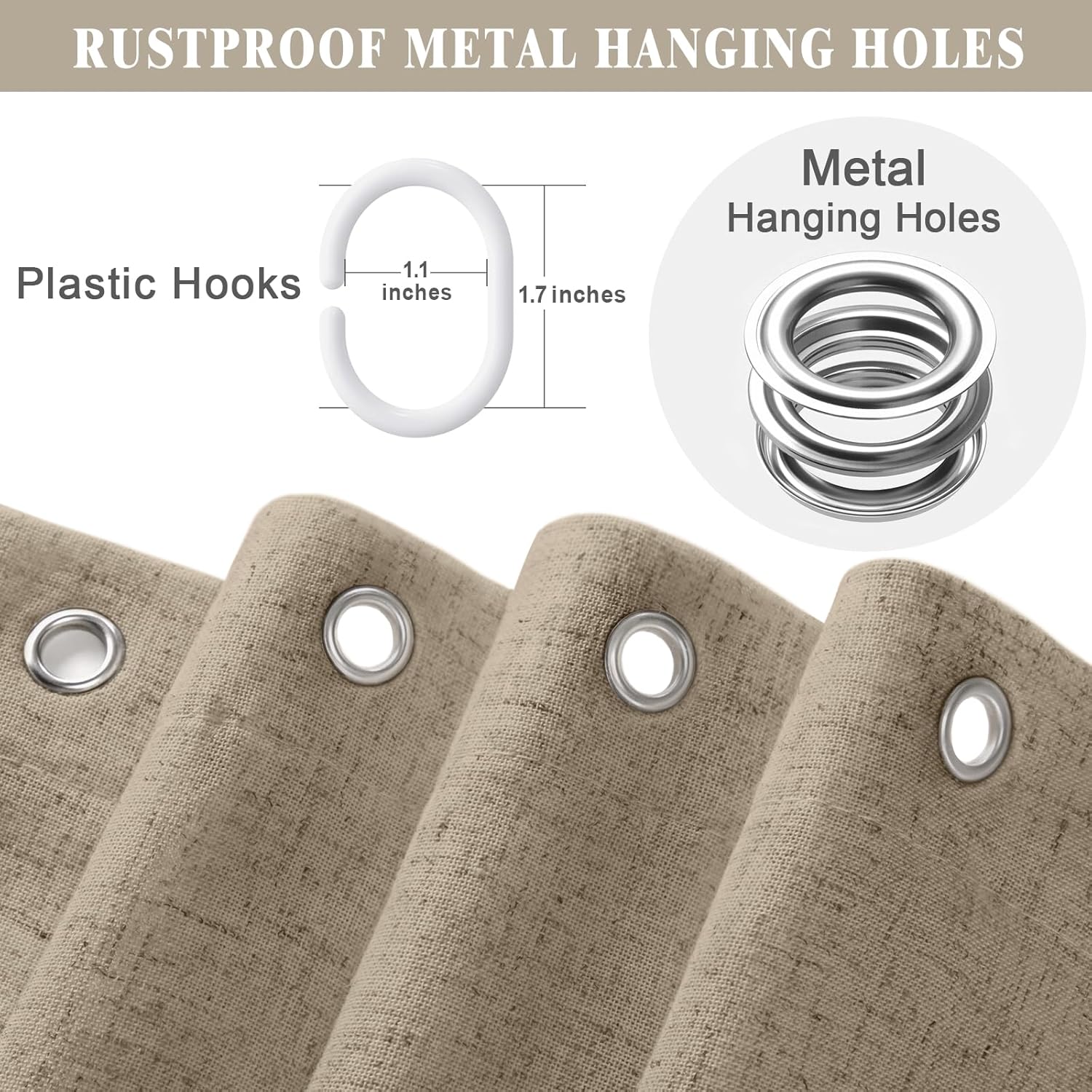 Linen Shower Curtain Flax Khaki, Fabric Boho Farmhouse Shower Curtains for Bathroom Cotton Natural Cloth Liner Set 72" W x 72" L