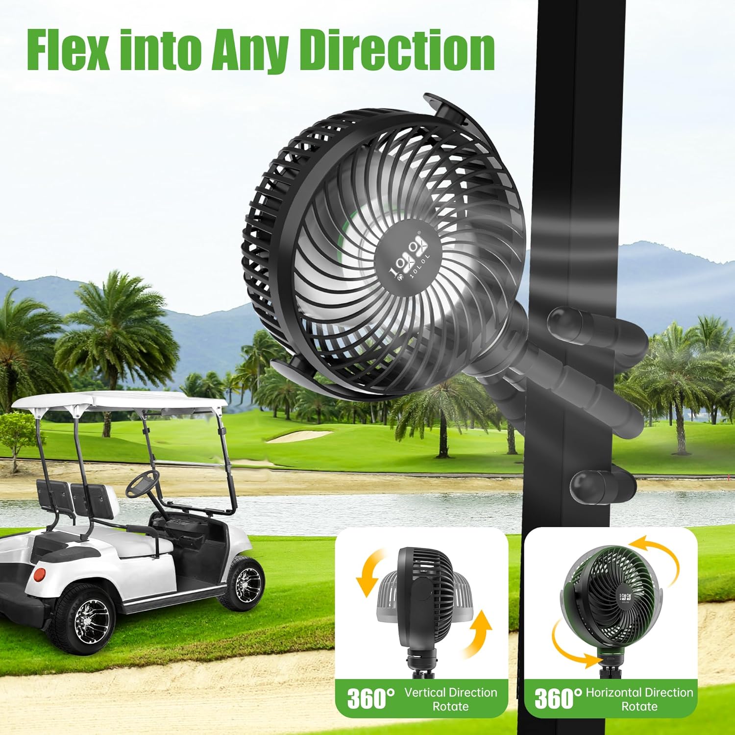 10L0L Golf Cart Fan - Universal Mount, 8000mAh Battery, 3-Speed Fan, LED Light, 56-Hour Runtime, Reverse Charging Function for Yamaha EZGO Club Car Golf Cart, Black - Image 4