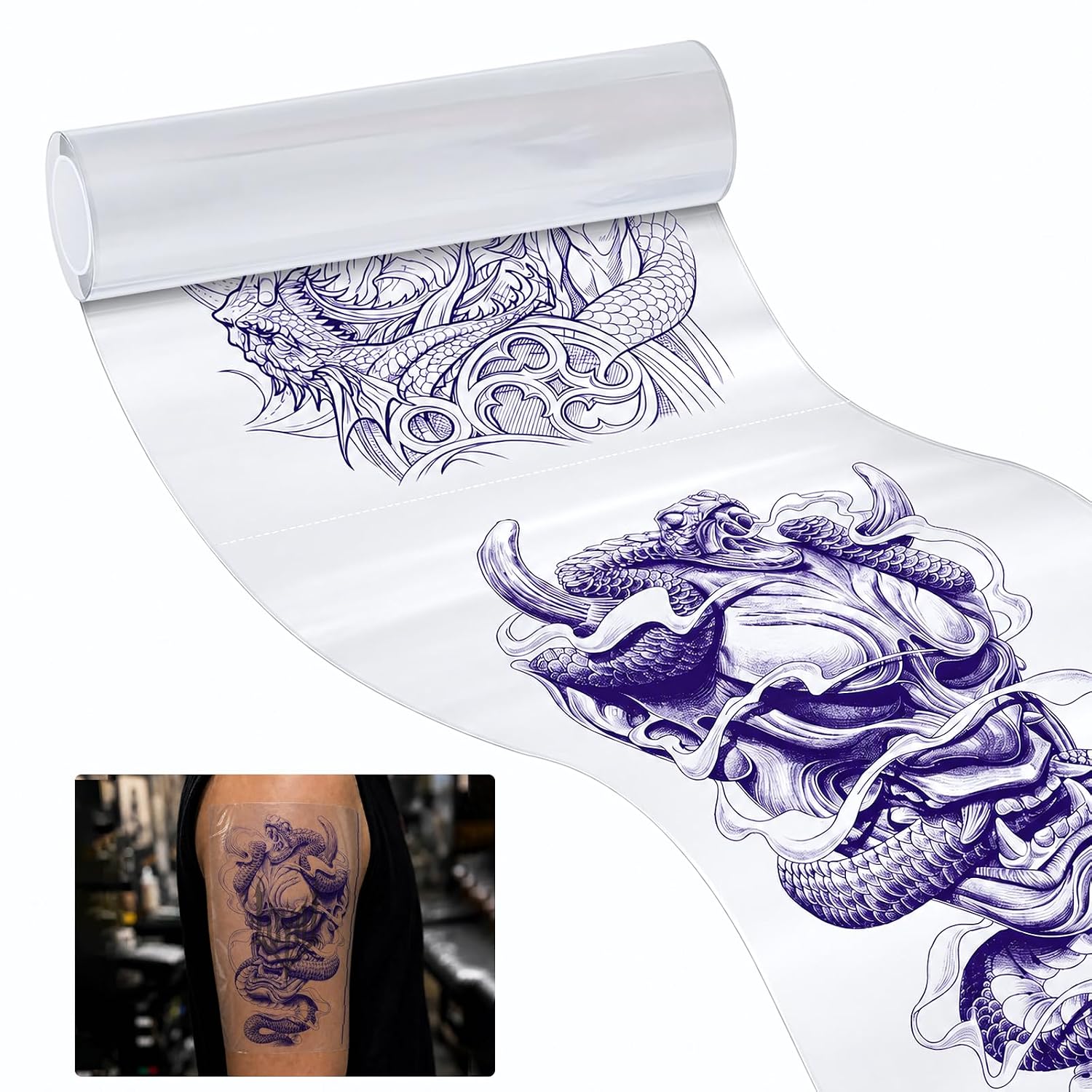 GBK Clear Tattoo Stencil Film Roll with Perforated Tear Points, 208 x 275mm Transparent Transfer Paper for A4 Thermal Printer & A4 Transfer Paper, See-Through for Cover-Up Tattoos, 90 Sheets/Roll