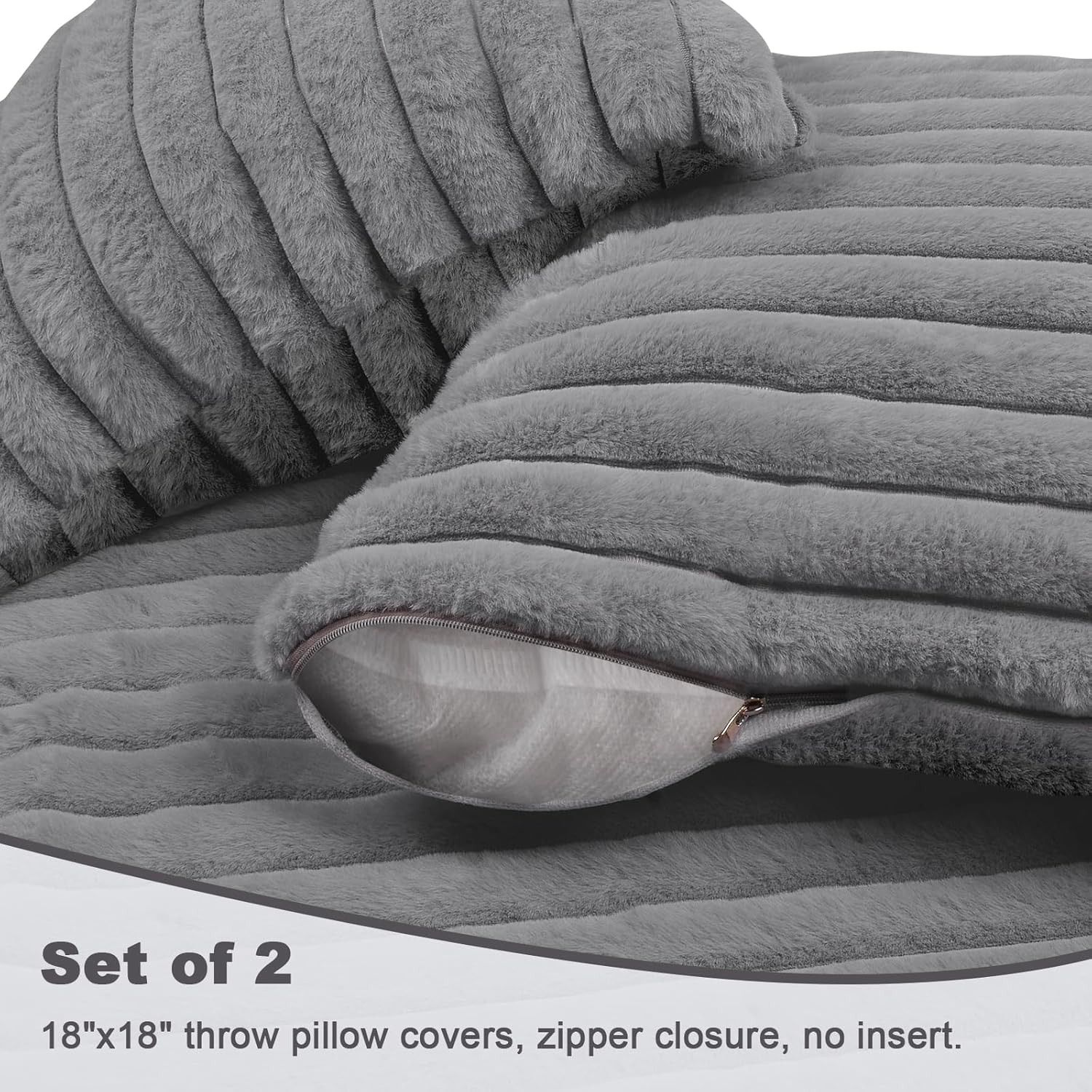 Blanket & Throw Pillow Covers Set - Dual-Sided Faux Fur Fluffy Blanket (50" x 60"), 2 Pcs Cozy Plush Throw Pillow Cover (18" x 18"), Soft Fuzzy Decorative Coach Decor for Bed Sofa Living Room, Gray - Image 5