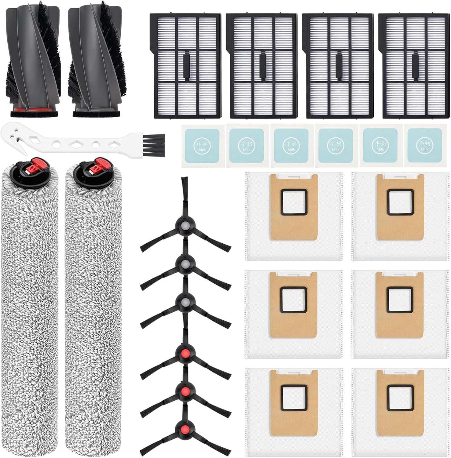 26 Count Replacement Kit for Eufy E25 / E28 / E28 Omni: 1 Pair Main Brushes, 2 Roller Mops, 4 HEPA Filters, 6 Side Brushes, 6 Dust Bags, 6 Scented Tablets (for Dust Bag Odor Control) + Cleaning Brush