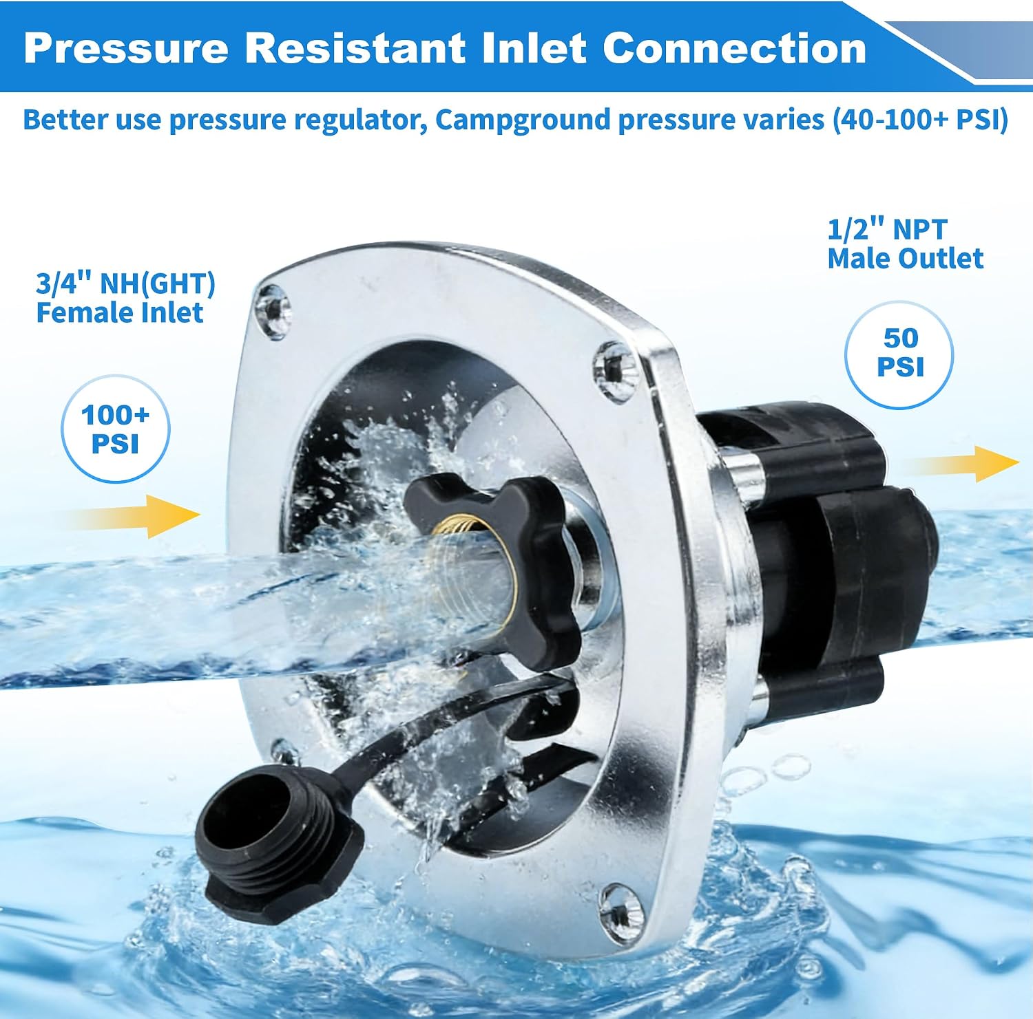RV City Water Inlet Connection Camper Water Fill Inlet Pressure Reducing Fill Hatch W/Brass Check Valve/Quick Connector for RV Marine Camper Boat Trailer Motorhome Silver Tone