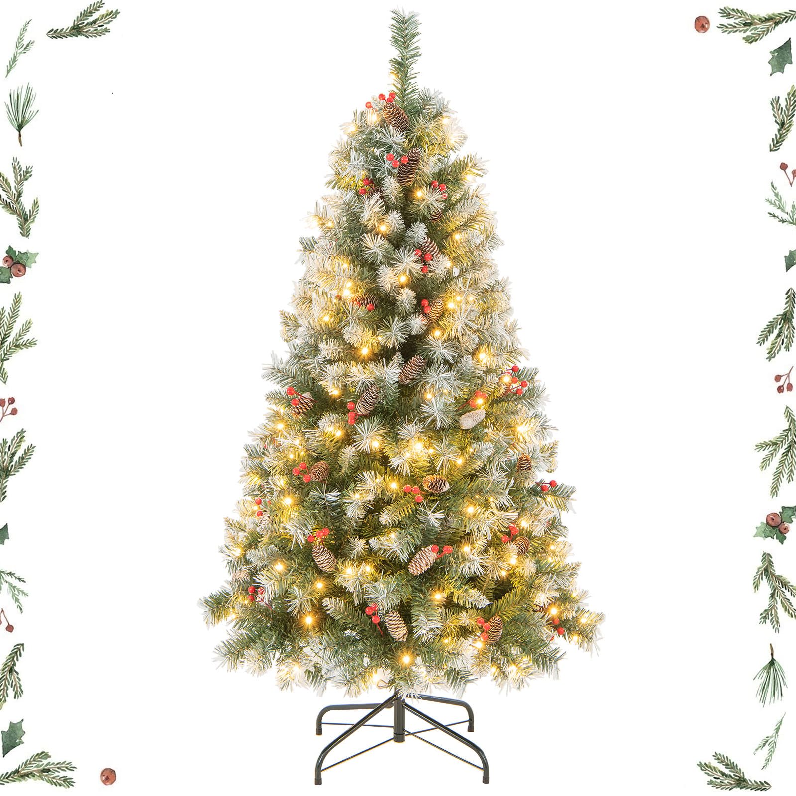GYMAX 150 cm Albero di Natale Innevato Automatico, con 200 Luci a 8 Modalità, 450 Rami in PVC, 26 Pigne e 126 Bacche, Folto e Realistico, Base Pieghevole in Metallo, Montaggio Facile