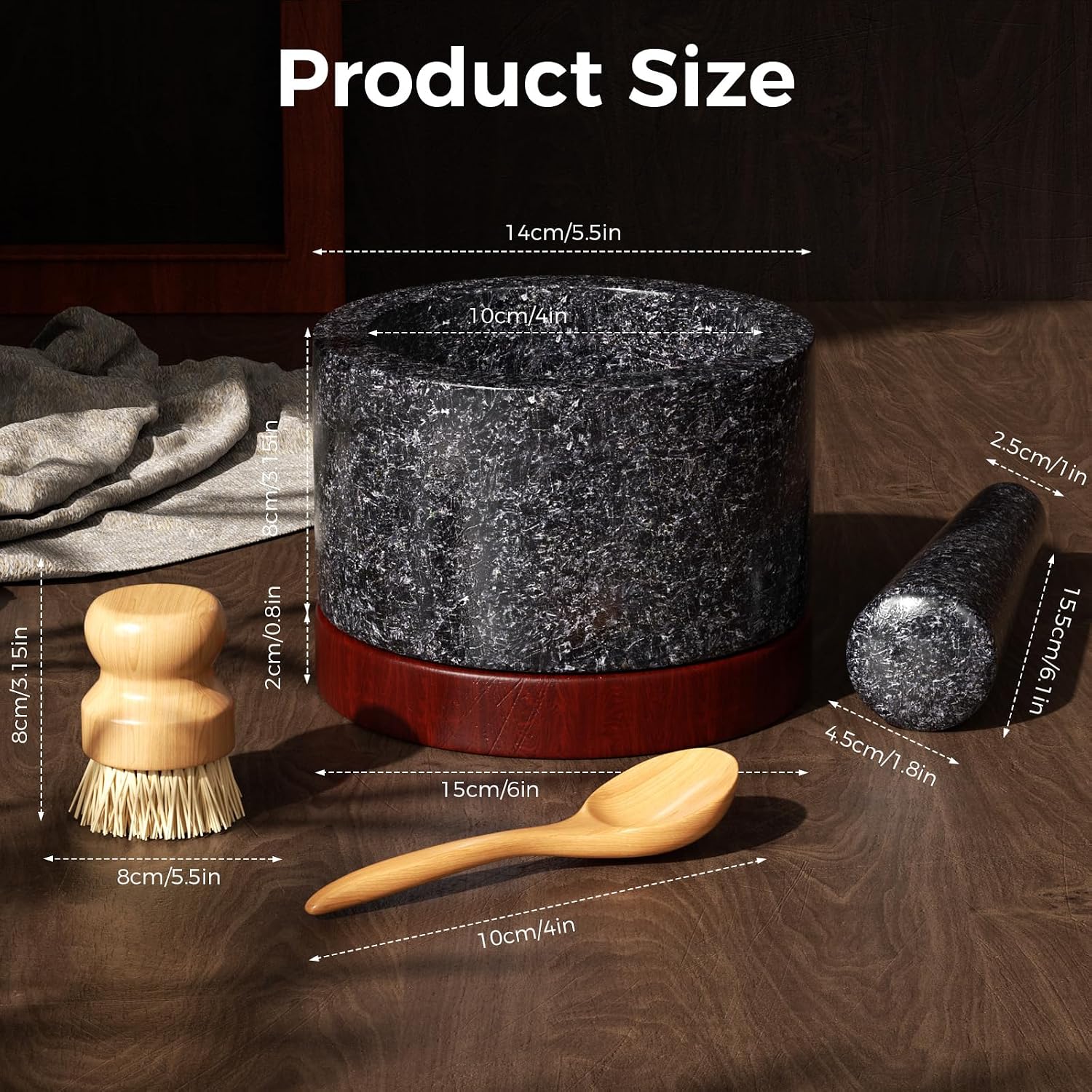 Heavy Duty Mortar and Pestle Set, Spice Herb Grinder Pill Crusher Set, Make Fresh Guacamole at Home, Solid Stone Grinder Bowl (Black, Large)