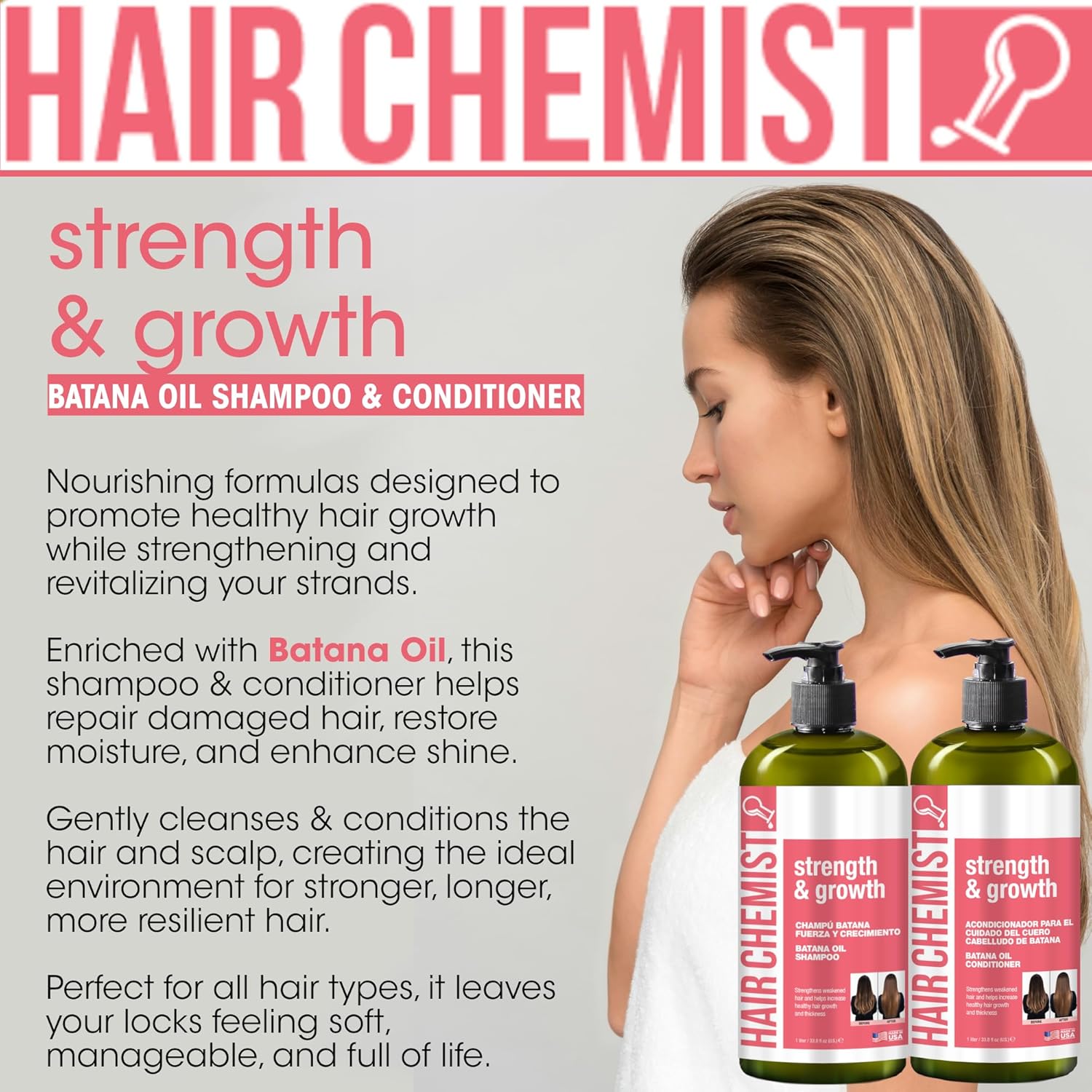 Hair Chemist Strength & Growth Batana Oil Shampoom Conditioner Set 33.8 oz. & Hair Oil 7.1 oz. (3-PC Set) - Batana Shampoo and Conditioner for Hair Growth, Thickening and Strength - Image 4