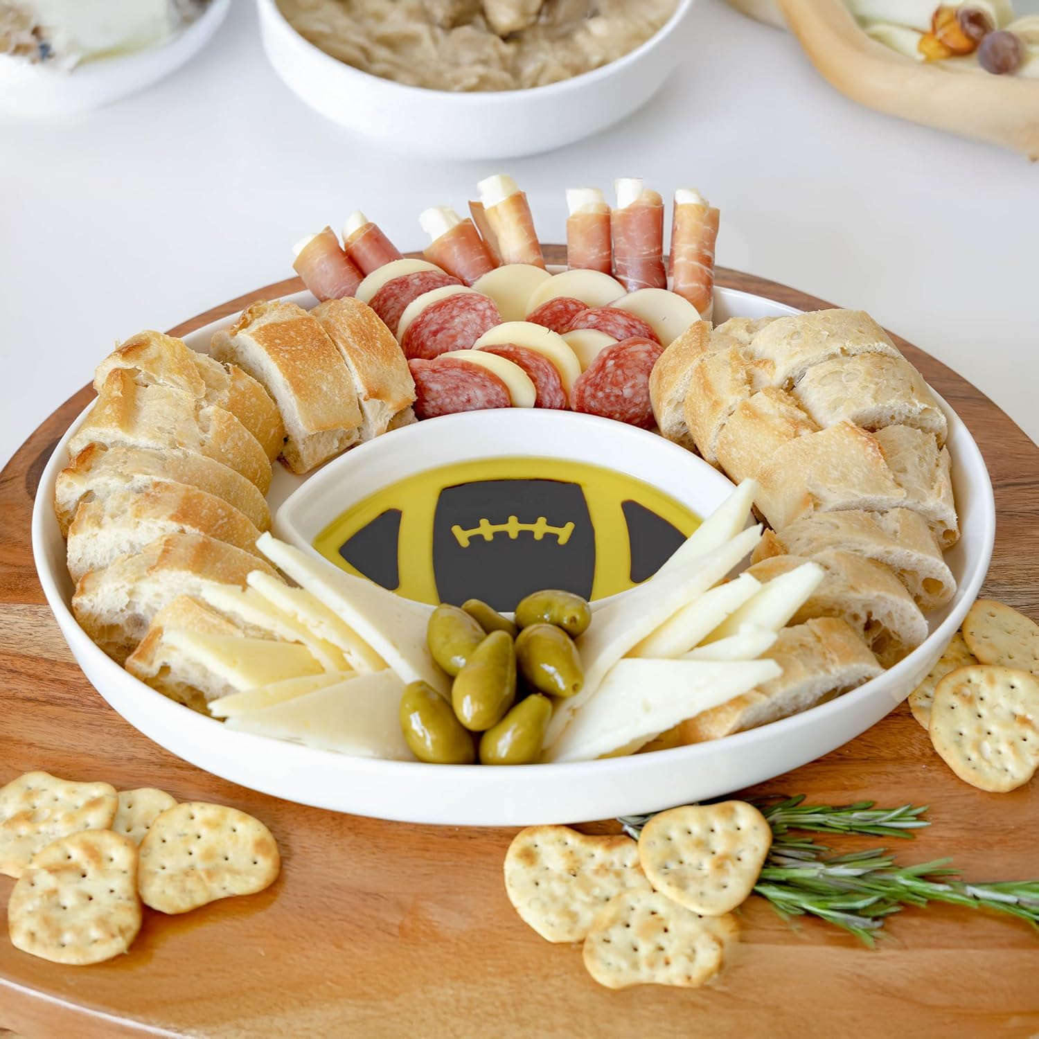 Jeanne Twist Football Bowl - Porcelain Serving Platter for Bread with Olive Oil and Balsamic Vinegar, Chip and Dip Serving Set, Charcuterie Dish, Football Party Decorations, Tailgate Essentials
