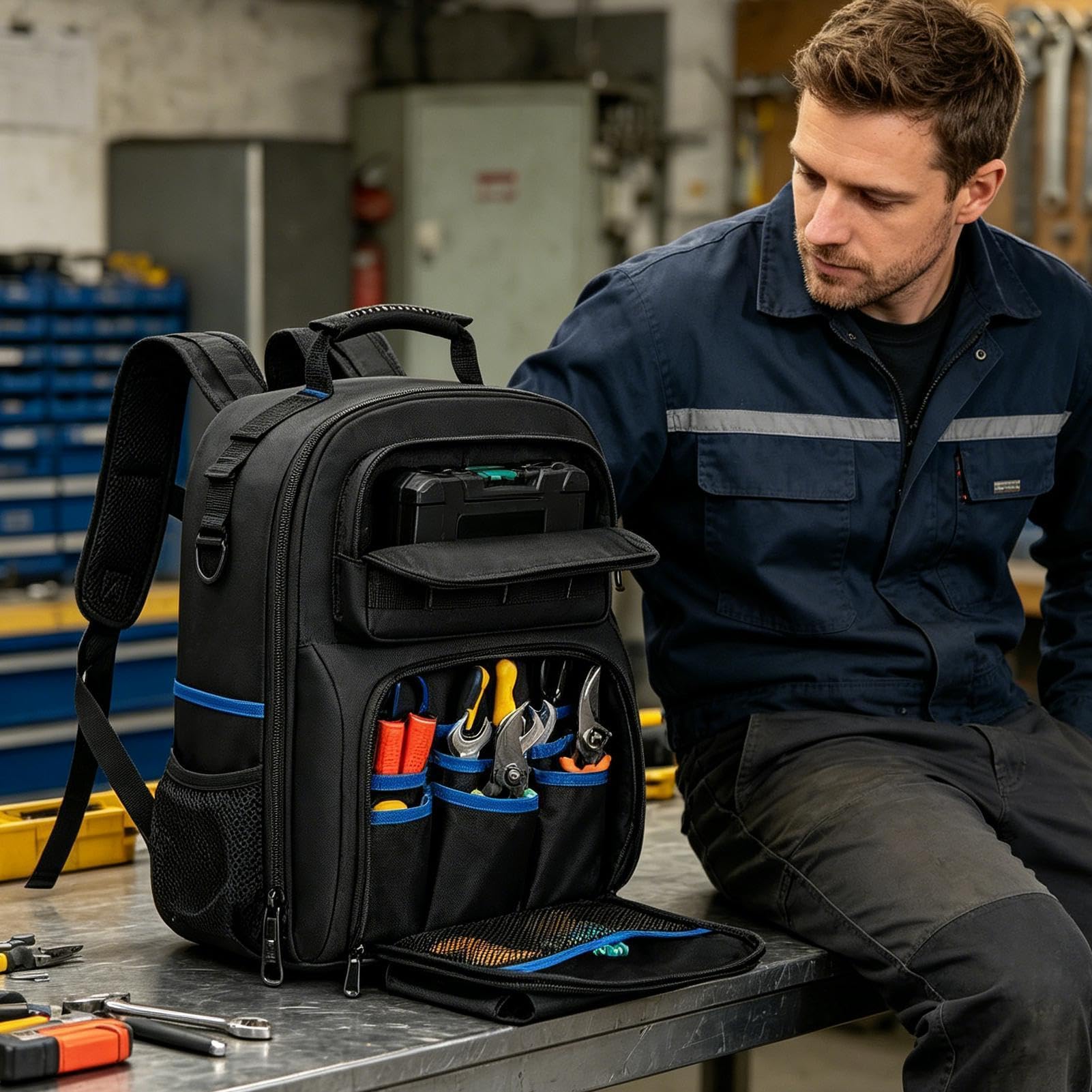 Zaino porta attrezzi, organizer con base rigida, con tasche multiple, zaino per attrezzi da lavoro, per falegnami, saldatori, edilizia, attività all'aperto e industriali