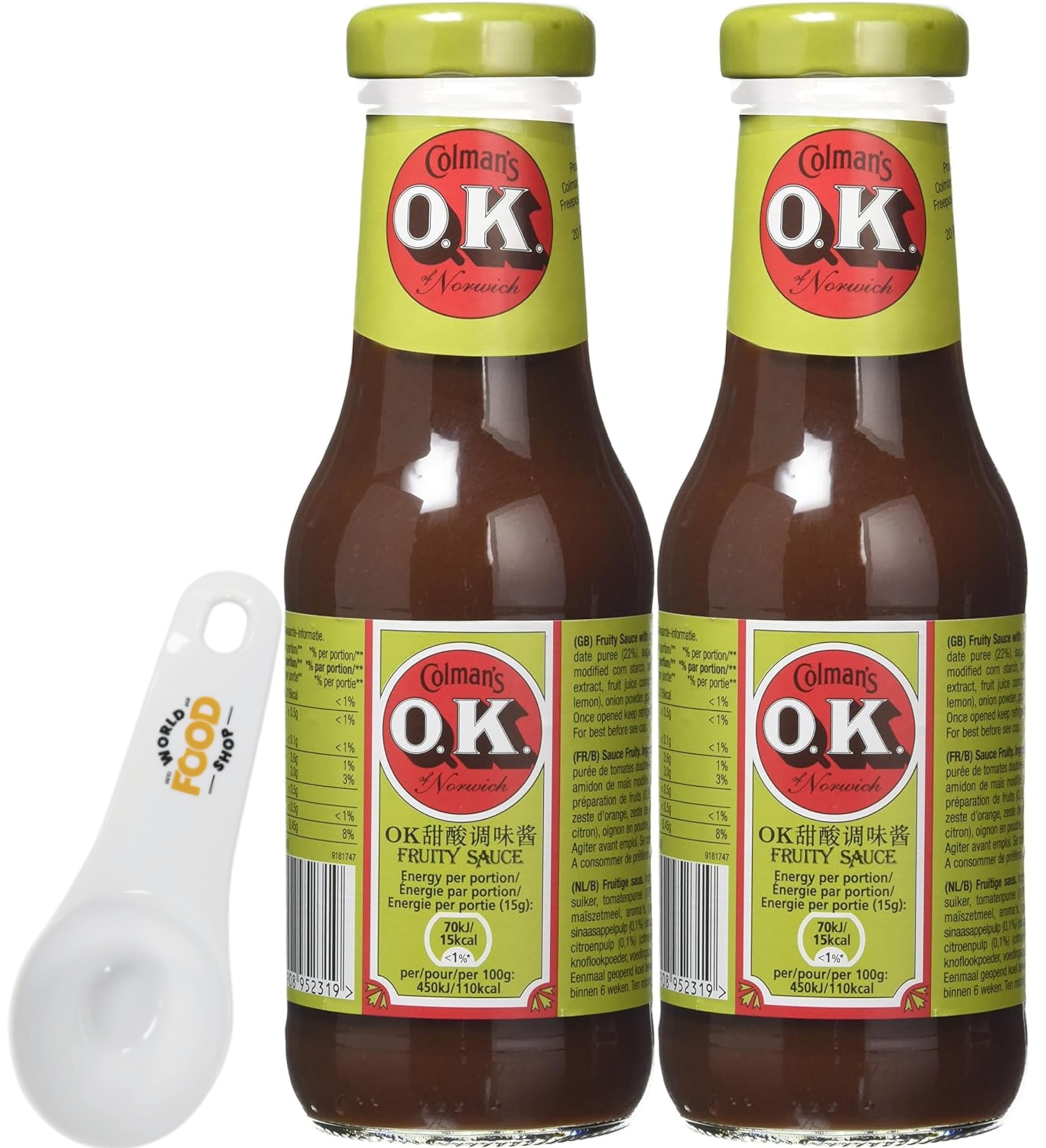Colman's OK Fruity Sauce 335g Pack of 2 with World Food Shop Scoop - Tangy and Sweet Condiment for Versatile Cooking, Perfect for Marinades, Dips, and Dressings