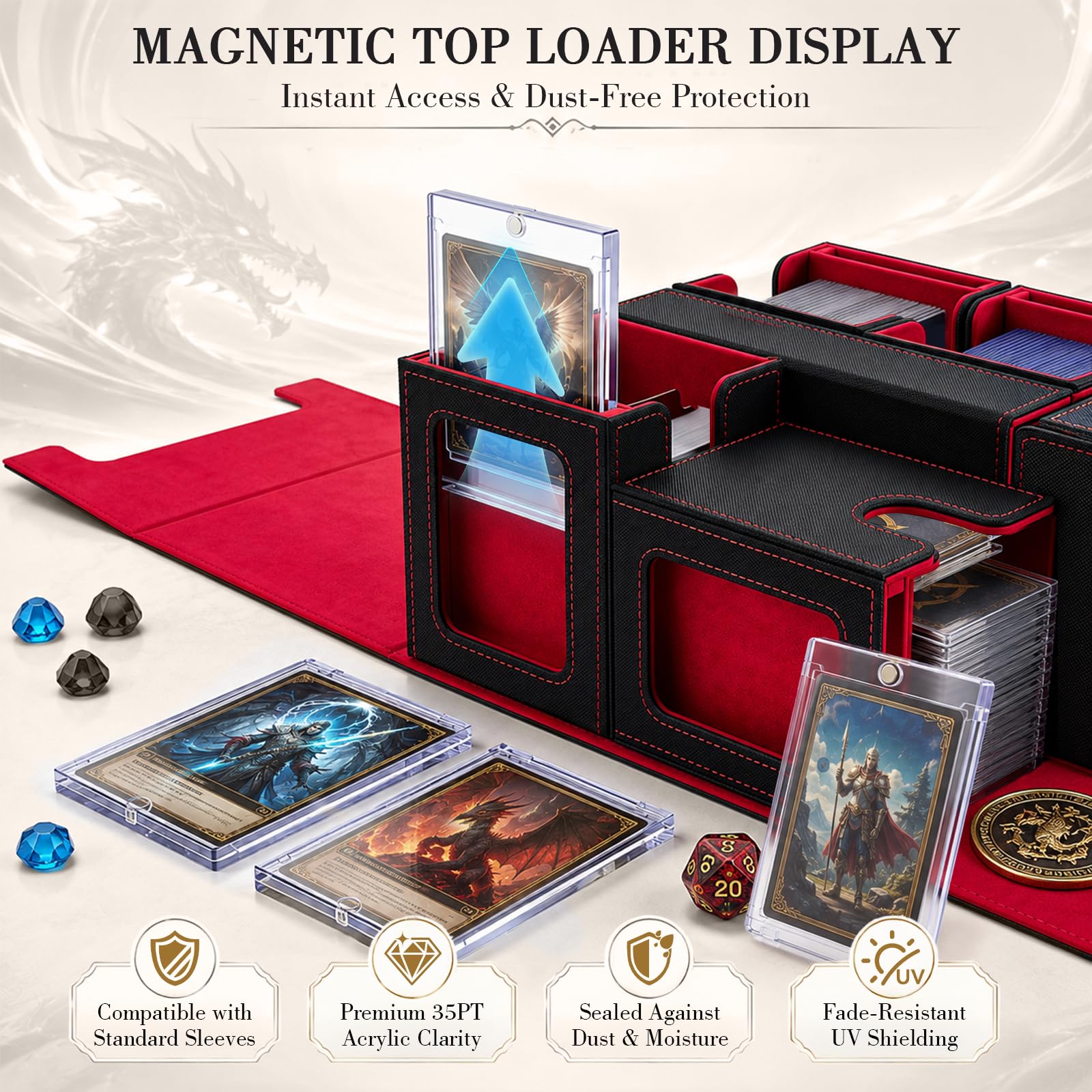 Boîte de Rangement pour MTG, Commander Deck Box avec Würfelablage | Trading Card Aufbewahrungsbox Magnétique pour Commander avec Fenêtre et Séparateurs, Capacité 400+ Cartes Doppelt Gesleevte