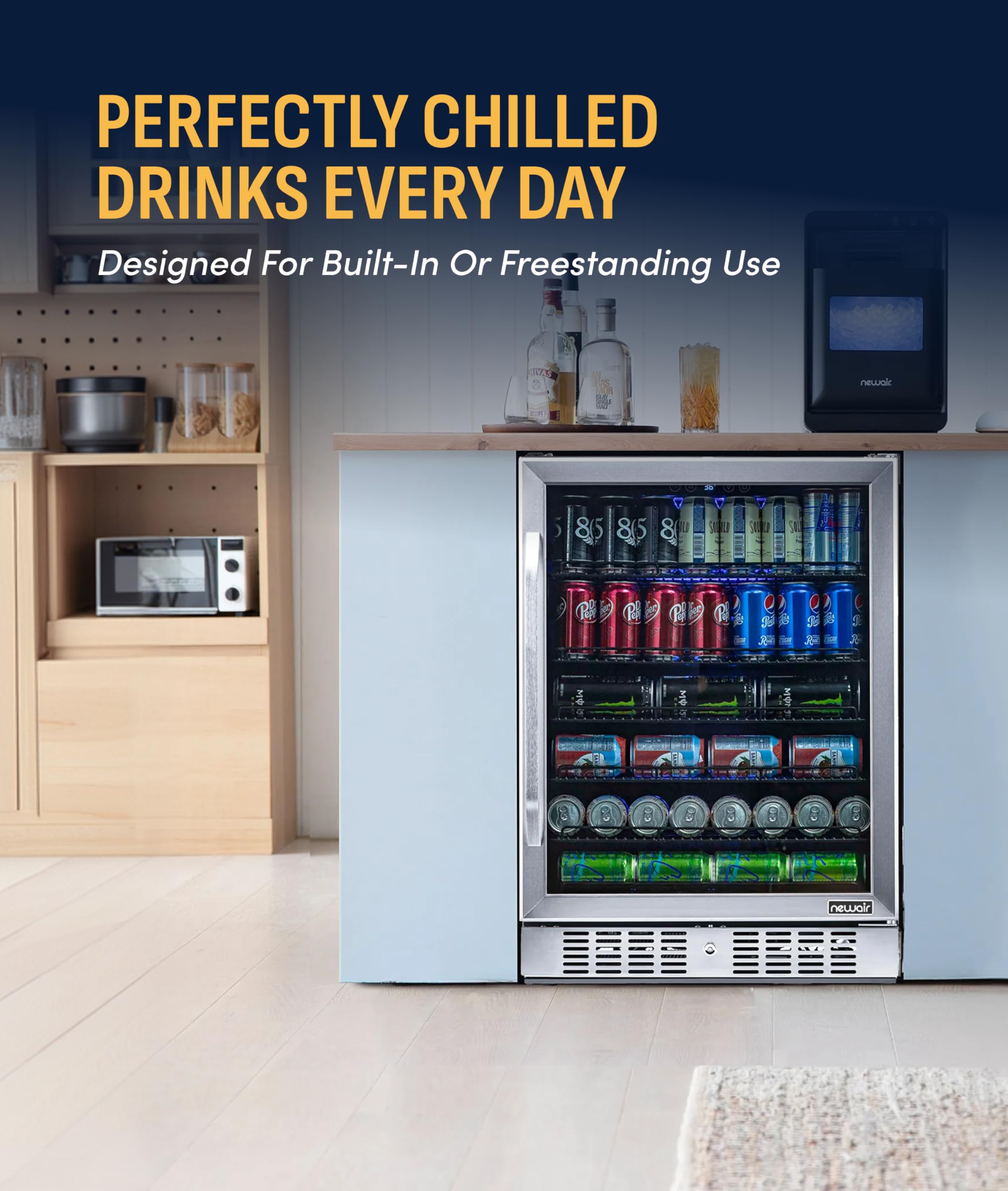 NewAir Beverage Refrigerator With Glass Door | 177 Can Mini Fridge For Bedroom, Dorm, Office, Or Gaming Setup | Soda, Beer, And Wine Cooler | Stainless Steel on Fridge.com - View 2