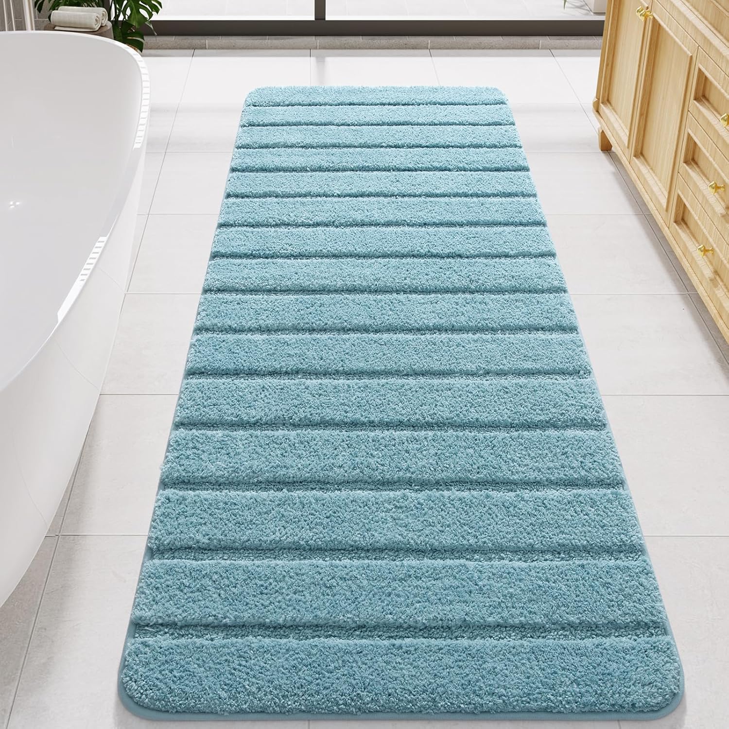 LOCHAS Long Bathroom Rugs Runner, 24" x 60" Large Bath Rug Non Slip Washable, Absorbent Microfiber Bath Mat Luxury Soft, Cozy Bathroom Runner Rug for Shower Quick Dry, Spa Blue
