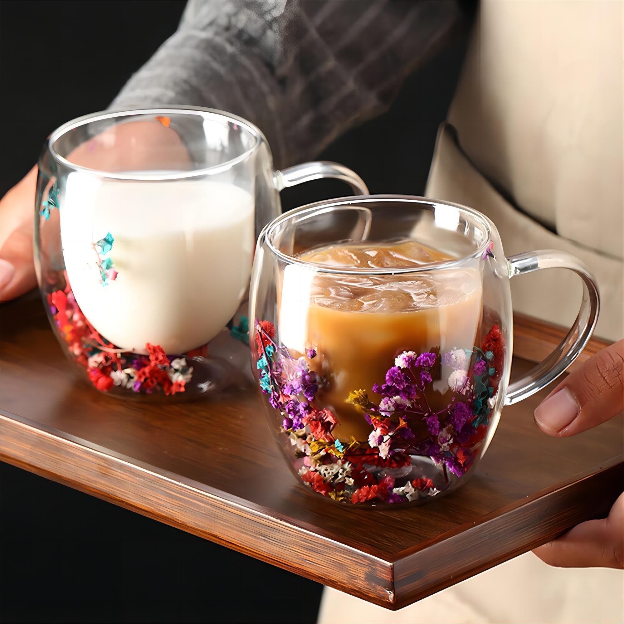 Hoquare Dry Flowers Double Walled Coffee Mugs Insulated Thermal Coffe Glasses Large Tea Cups Clear Glass Cups for Latte Cappuccino Macchiato Hot or Cold Drinks (350ML-light Color) - Image 4