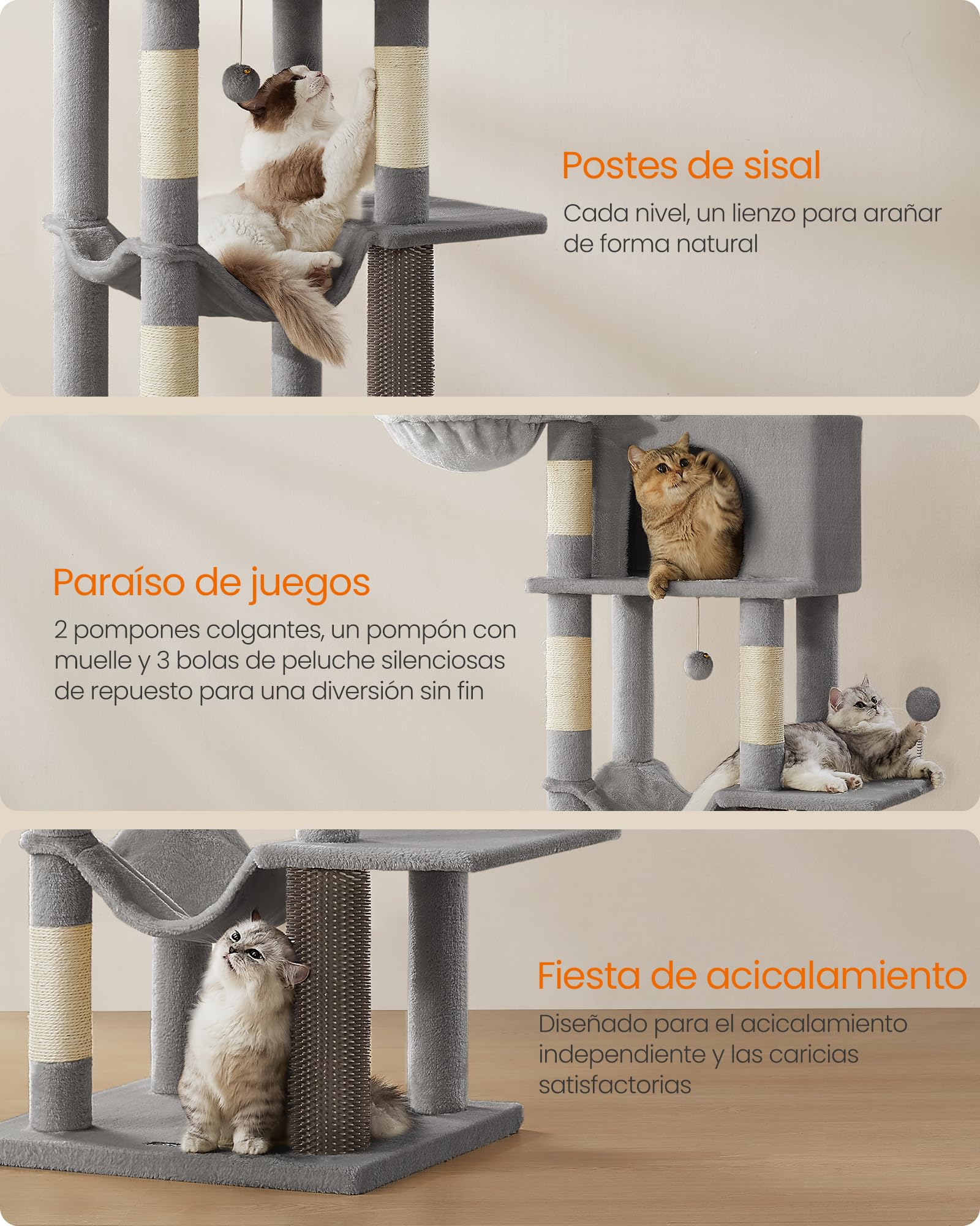 Feandrea Árbol Grande para Gatos, Torre para Arañar de 175 cm, Multinivel con Cuevas, Cestas, Rascadores, Gris Paloma