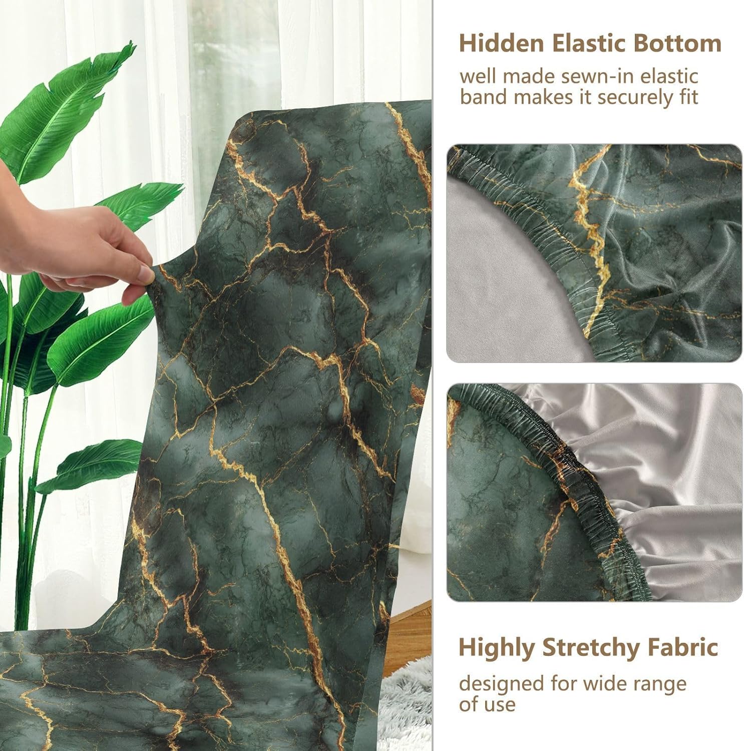 ALAZA Chair Covers for Dining Room, Drark Green Gilded Marble Design Stretch Chair Cover Sets Chair Protector Removable Washable for Ktichen Restaurant Hotel