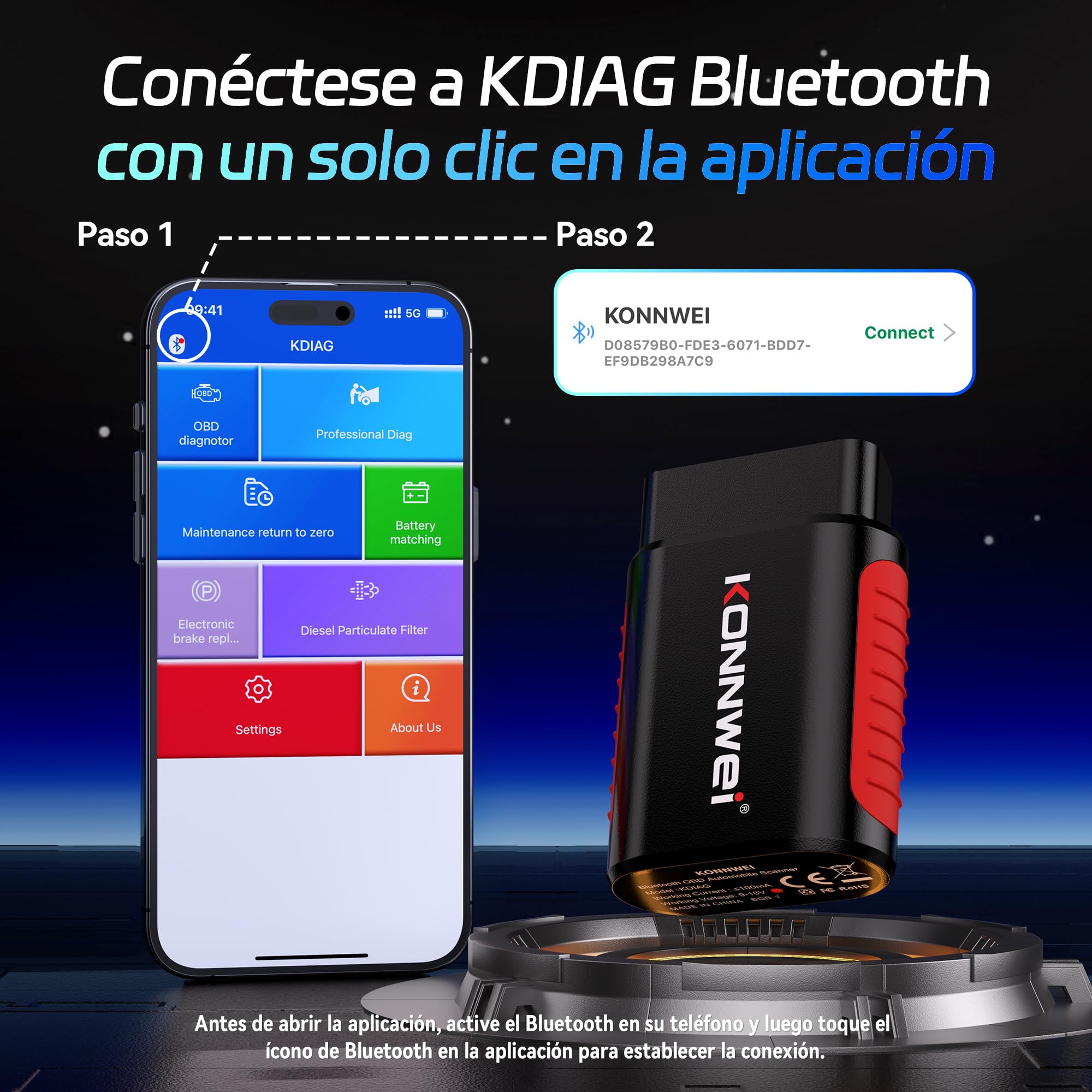KONNWEI KDIAG - Escáner OBD2 Bluetooth, herramienta de diagnóstico para todo el sistema, 5 reinicios, comprobación del lector de código del coche, prueba de rendimiento del vehículo para iOS y Android