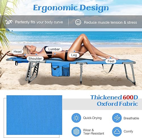 Miniatura 7 de GYMAX Silla de bronceado, silla de playa con orificio facial, respaldo ajustable de 5 niveles, almohada extraíble y asa de transporte, silla de baño